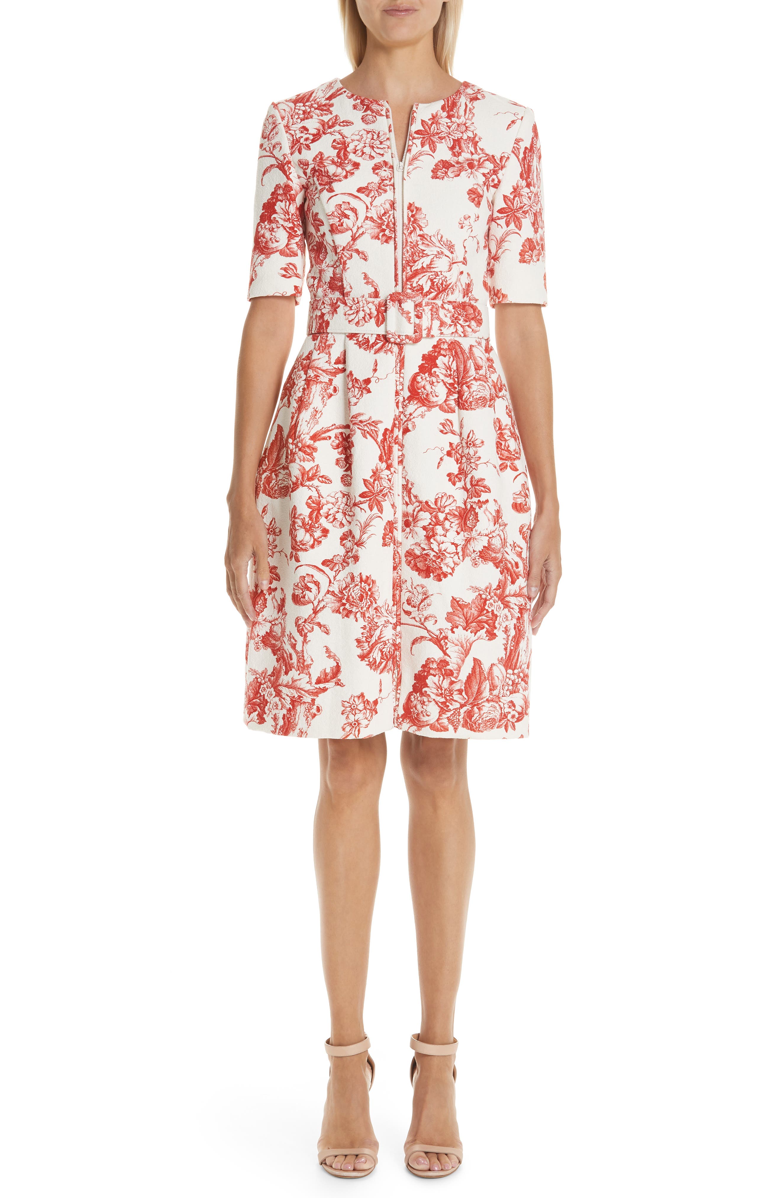 Oscar De La Renta Toile Print Belted Zip Front Dress, Red