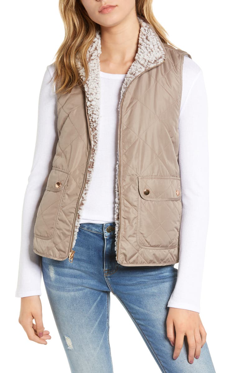 THREAD & SUPPLY Reversible Fleece Lined Quilted Vest, Main, color, MUSHROOM