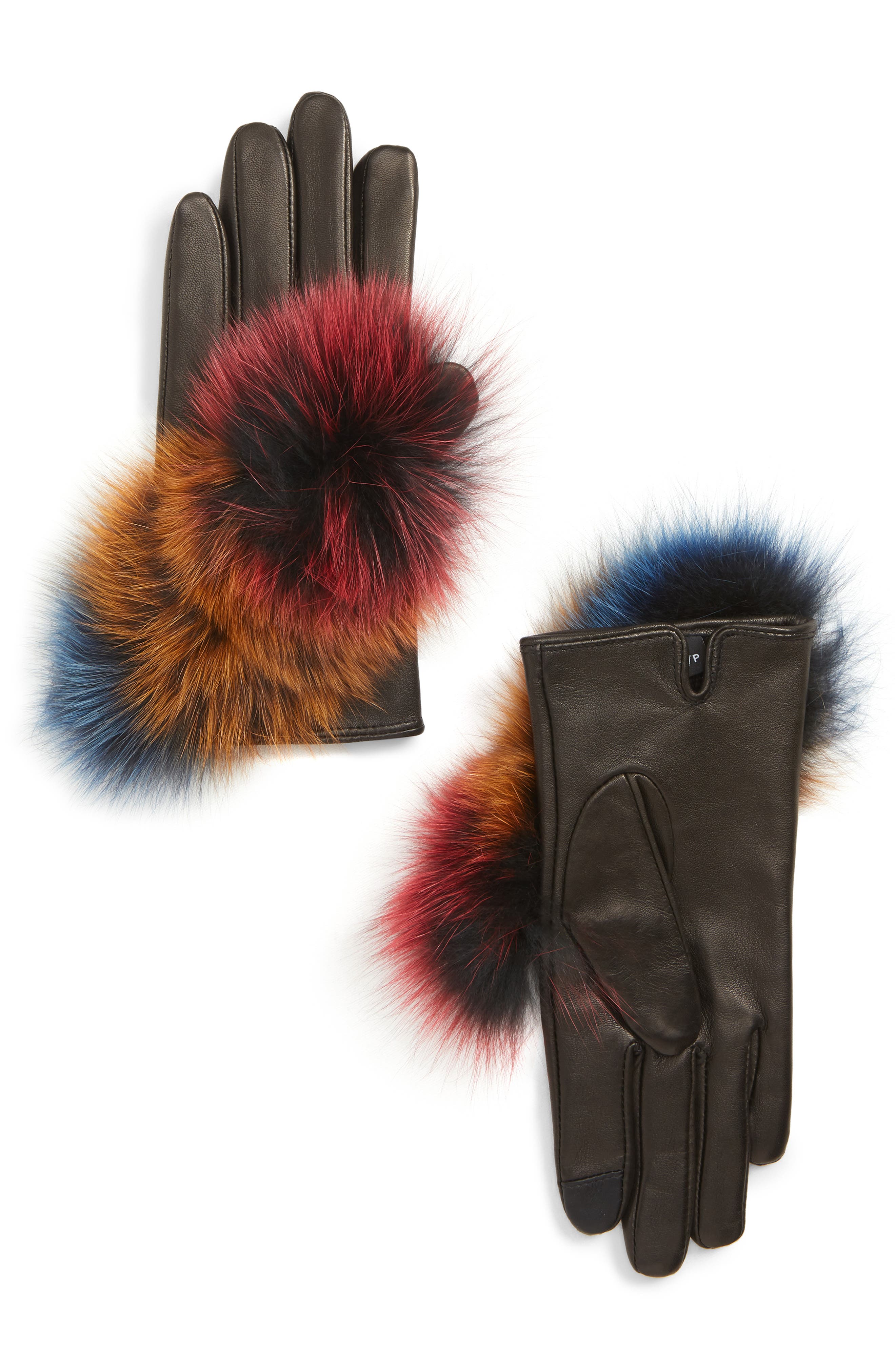 Echo Lambskin Leather Touchscreen Gloves With Genuine Fox Fur Trim, Black