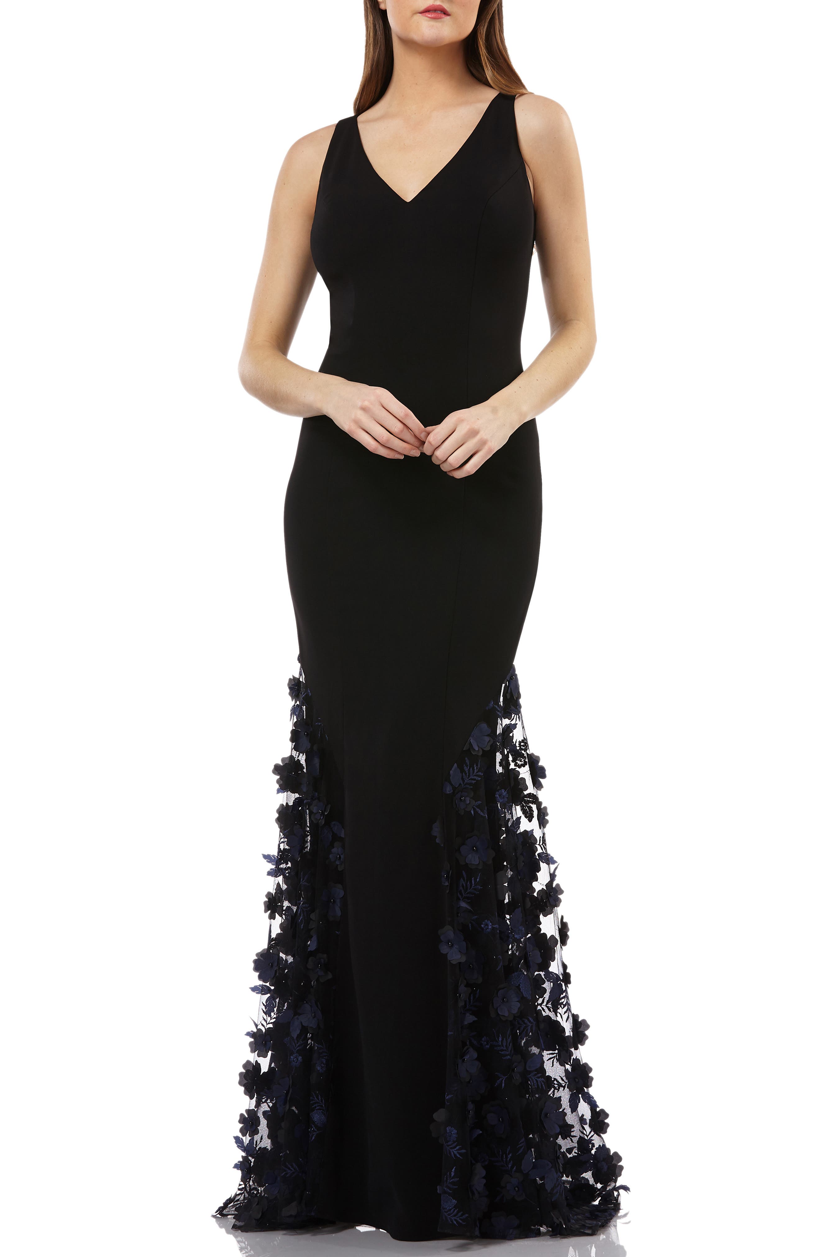 Carmen Marc Valvo Infusion 3D Floral Skirt Mermaid Gown, Black