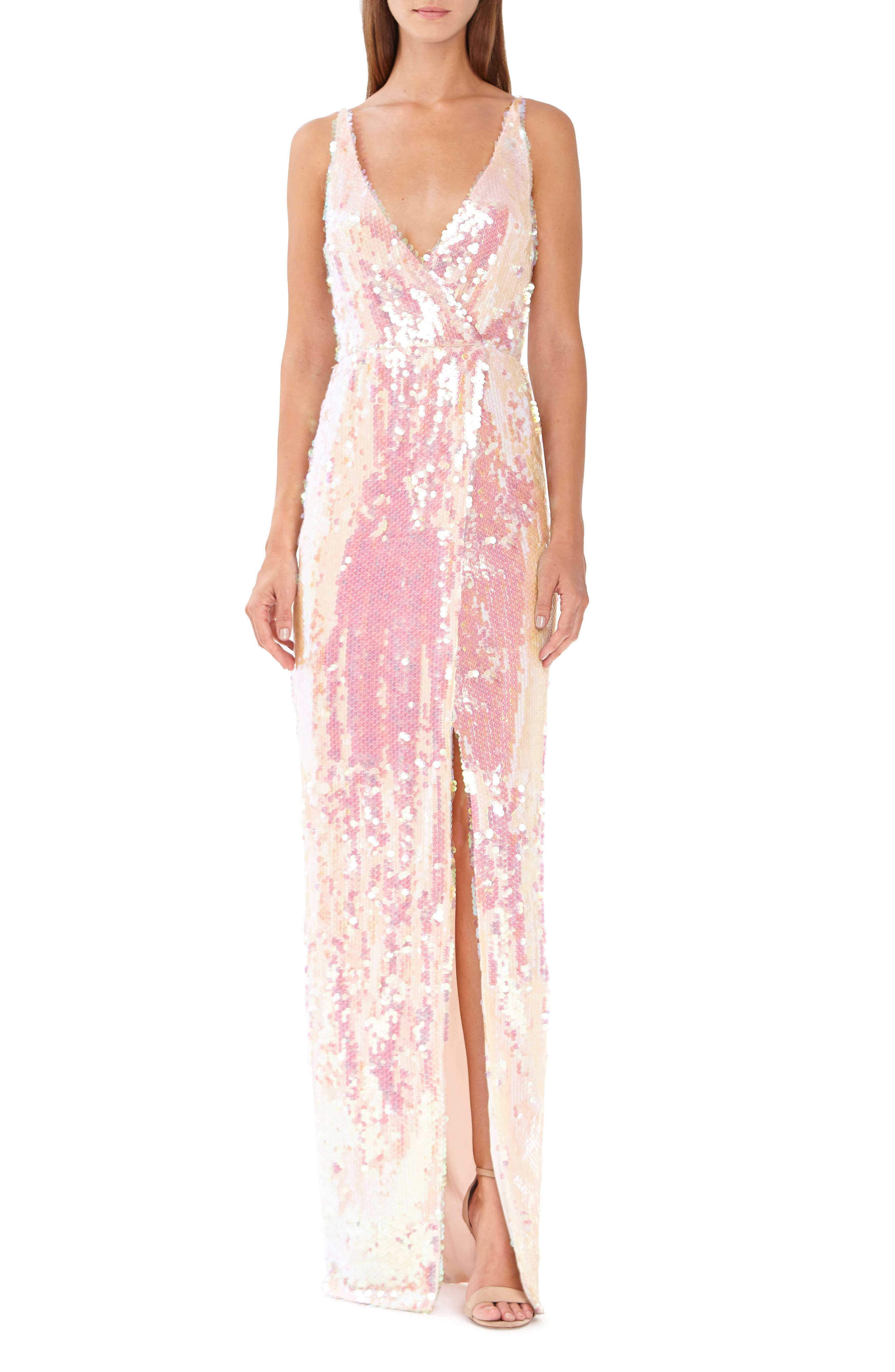 Ml Monique Lhuillier Sequin Surplice Column Gown, Pink