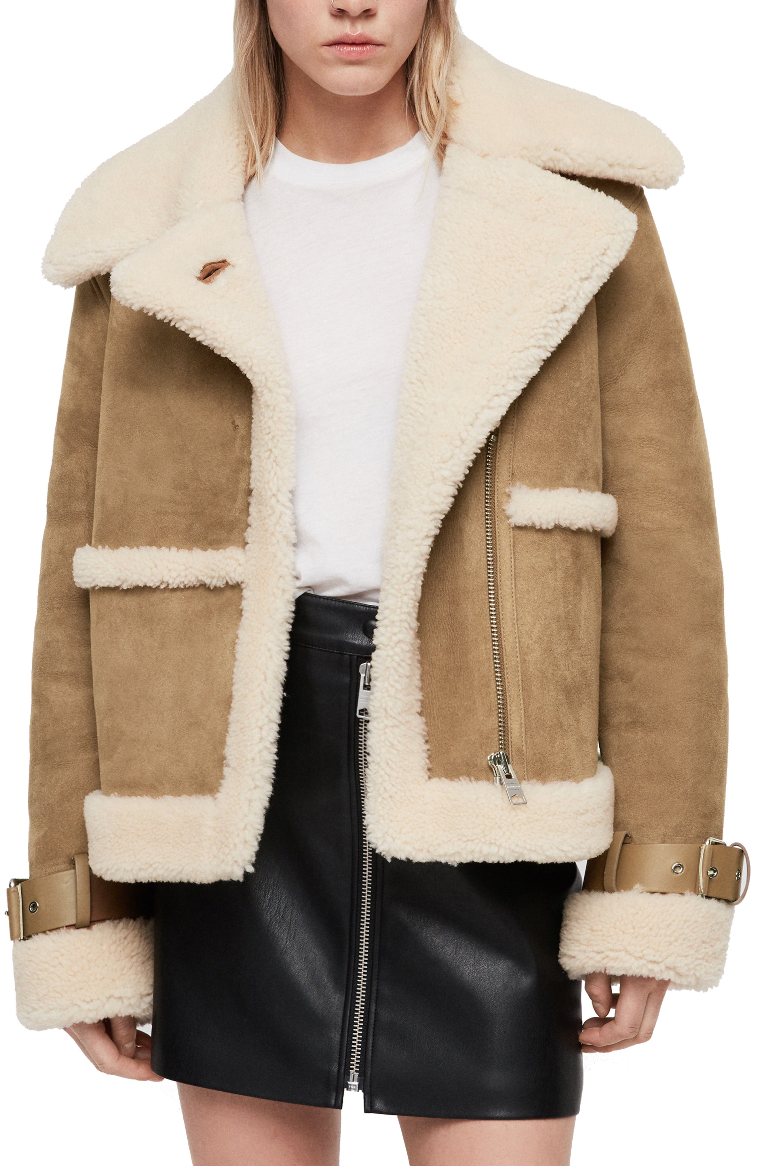 Allsaints Farley Genuine Shearling Jacket, Beige