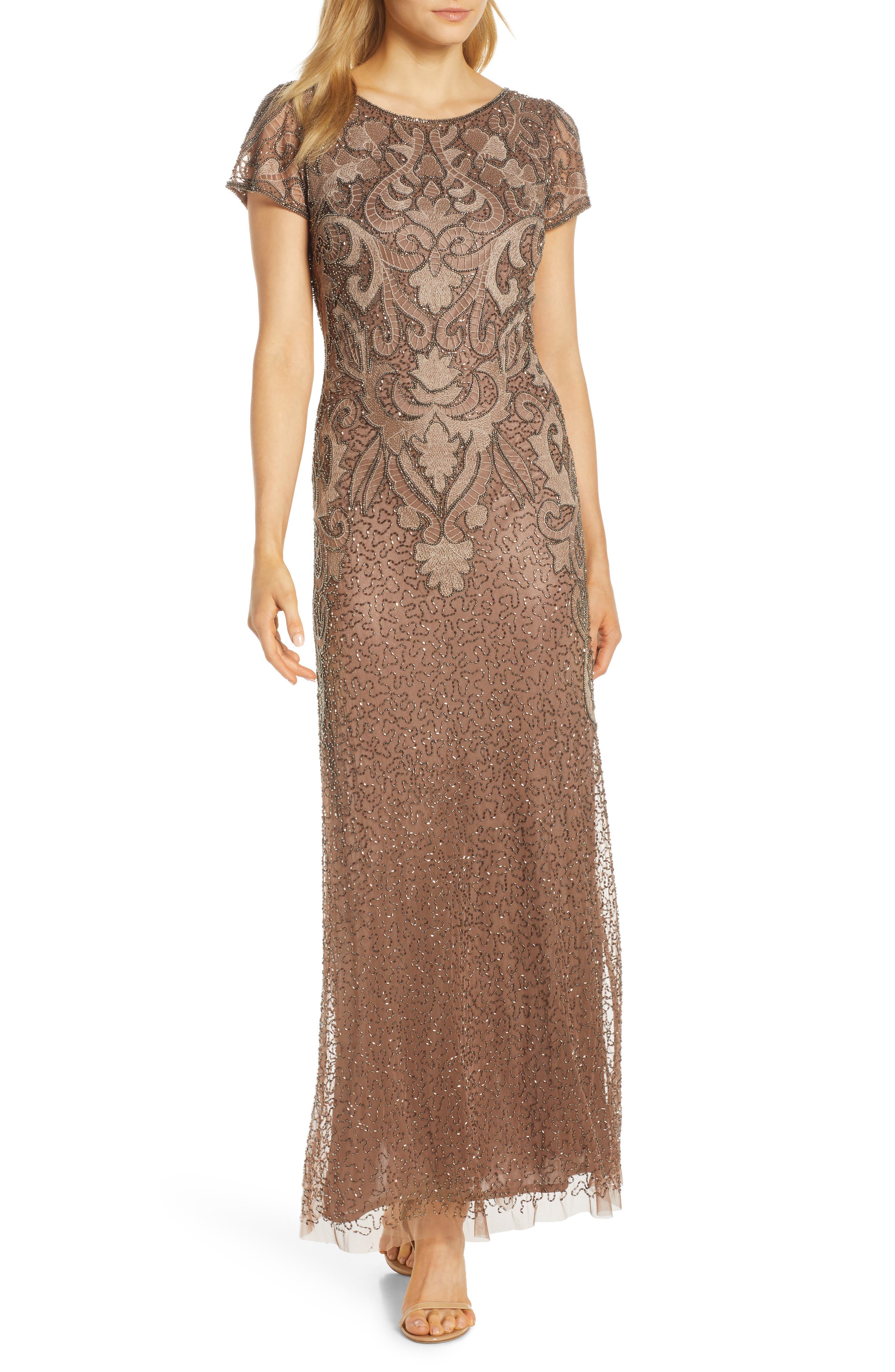 Petite Pisarro Nights Embroidered Mesh Gown, Brown