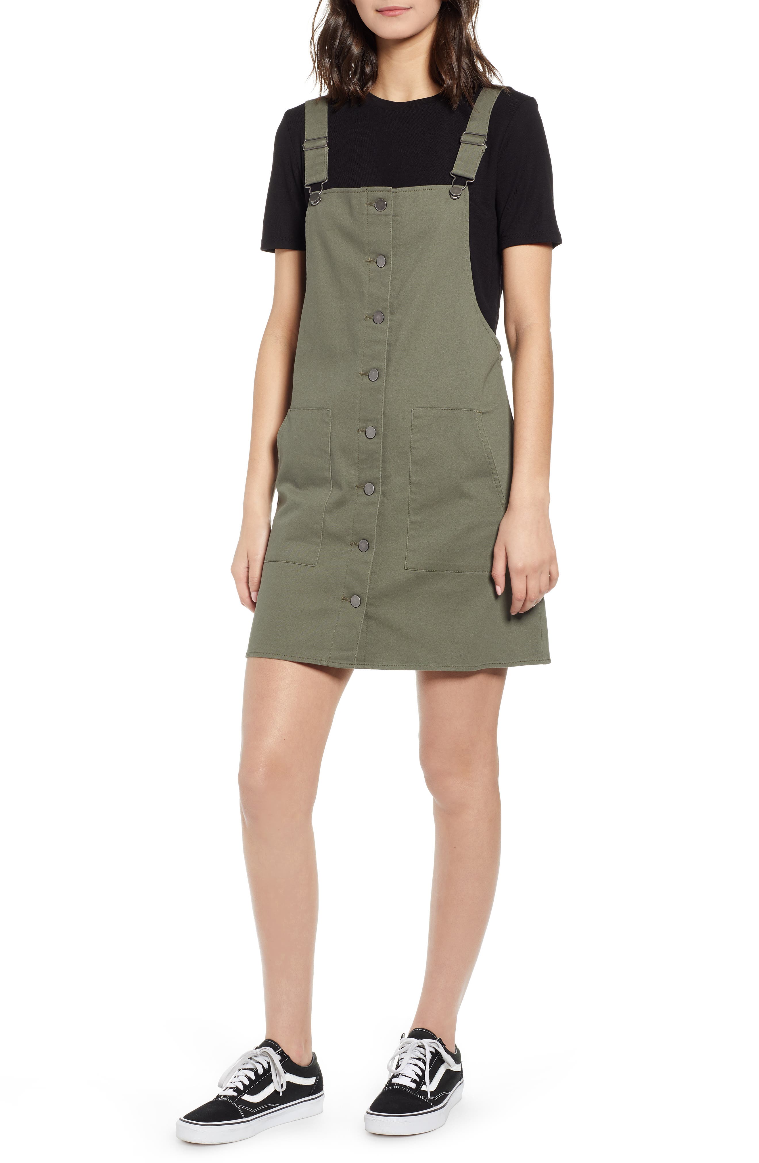 Love, Fire Button Front Twill Pinafore Dress, Green