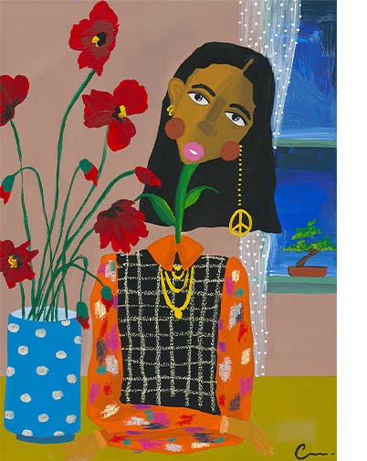 Painting of woman with her head growing on a stem sitting beside a vase of poppies.