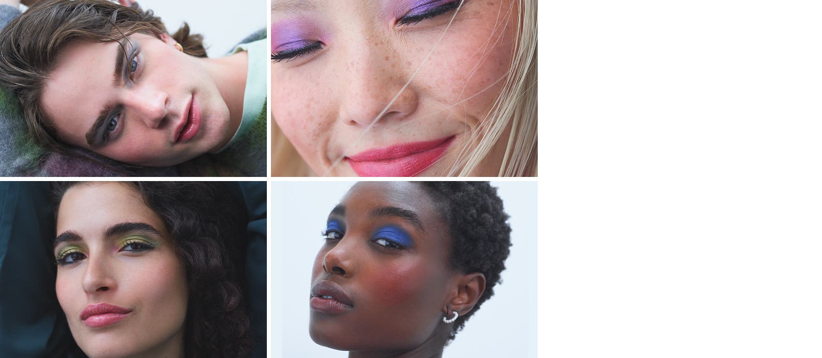 Four models wearing bright eyeshadow, blush and lip color.