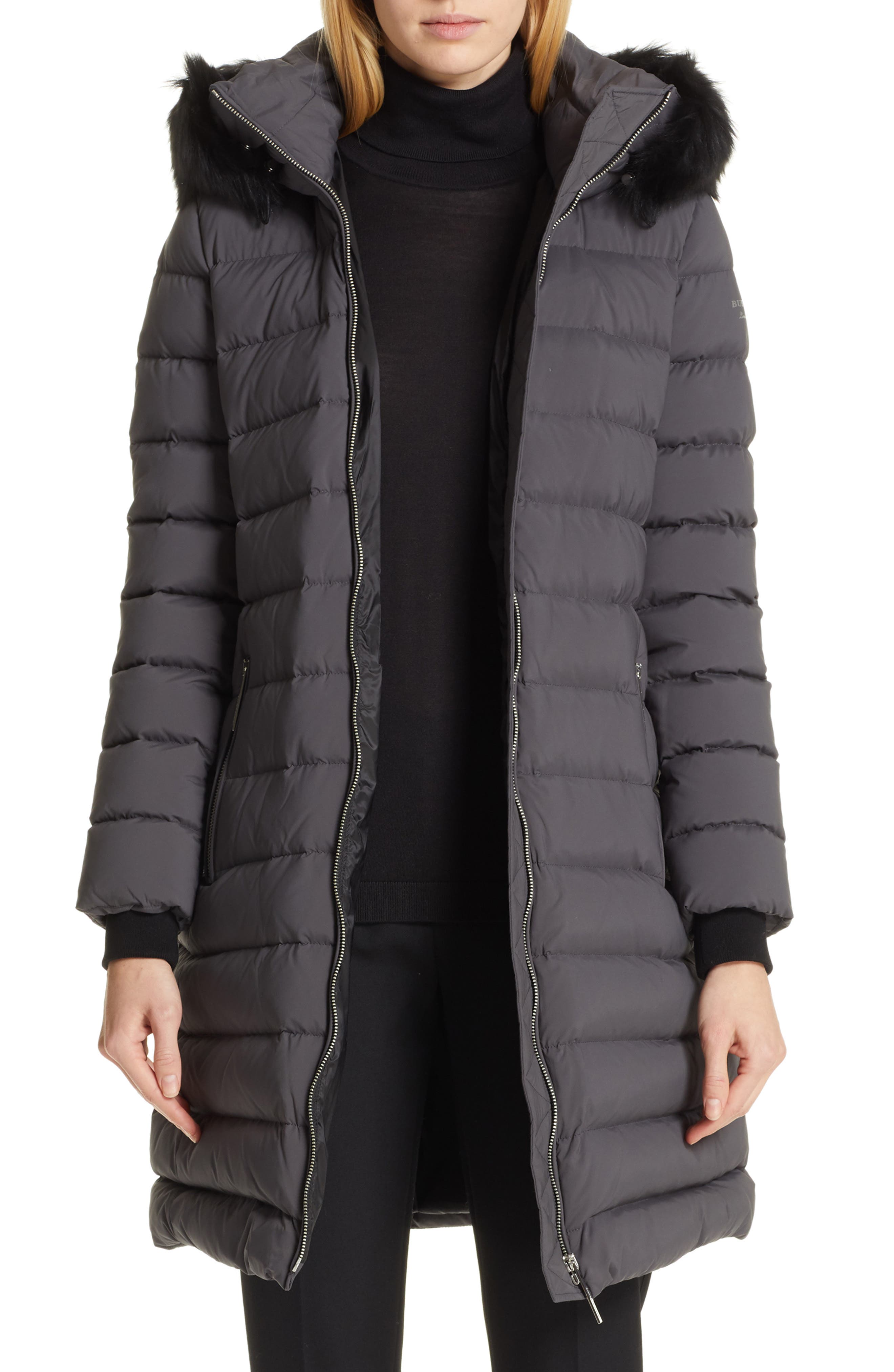 Burberry Limehouse Quilted Down Puffer Coat With Removable Genuine Shearling Trim, Grey