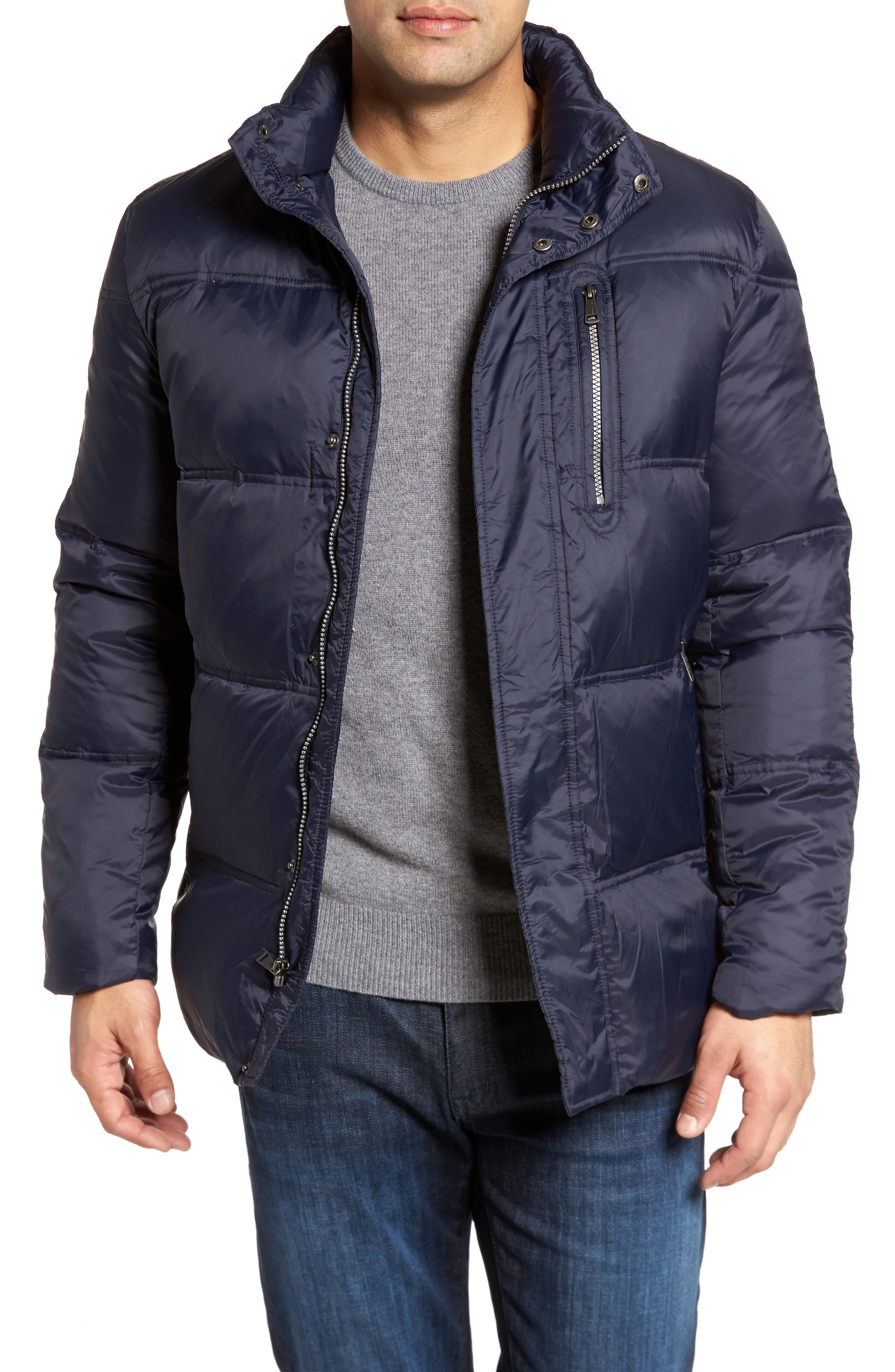 Cole Haan Quilted Jacket With Convertible Neck Pillow, Blue