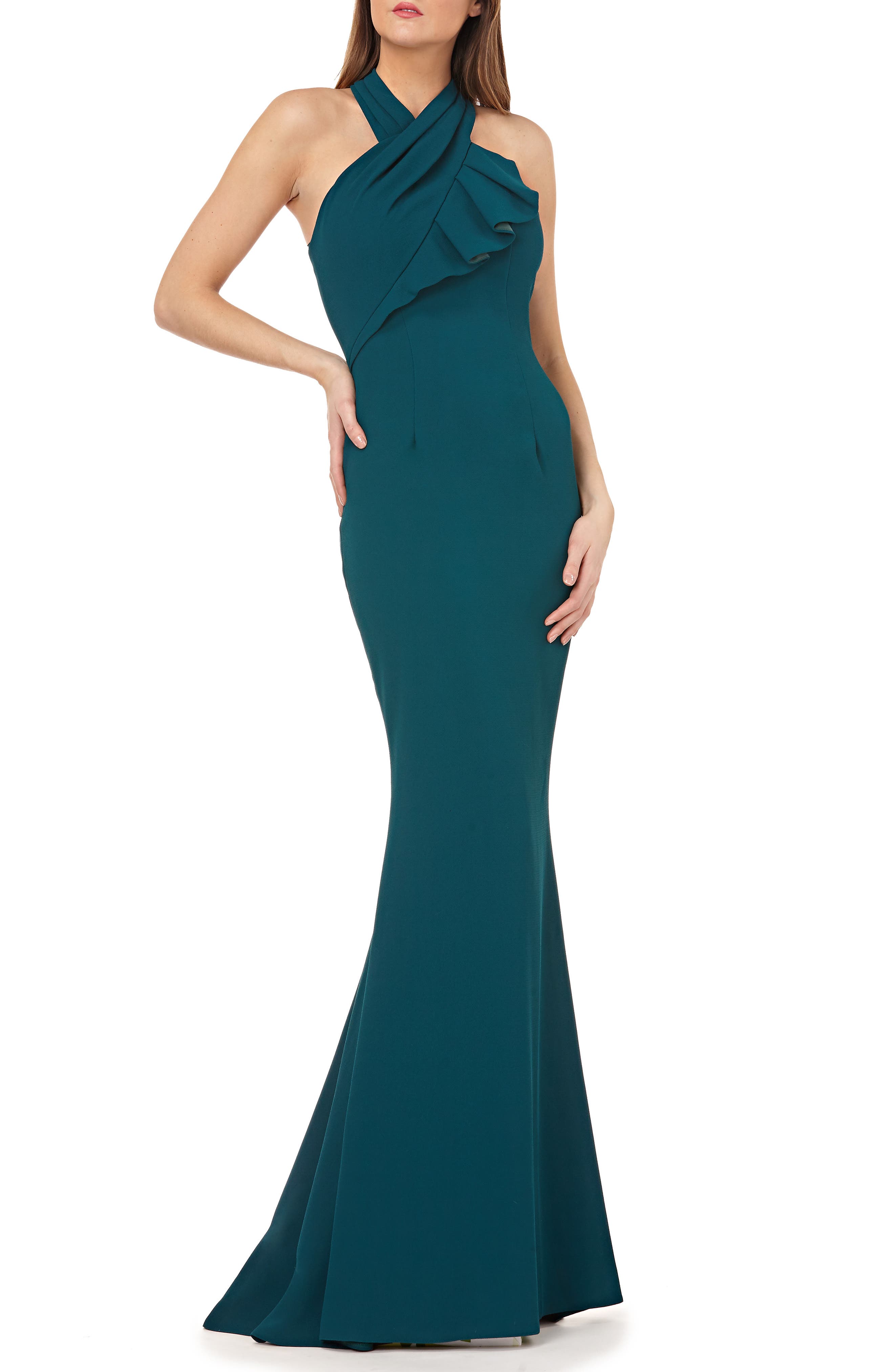 Carmen Marc Valvo Infusion Twisted Halter Trumpet Gown, Green