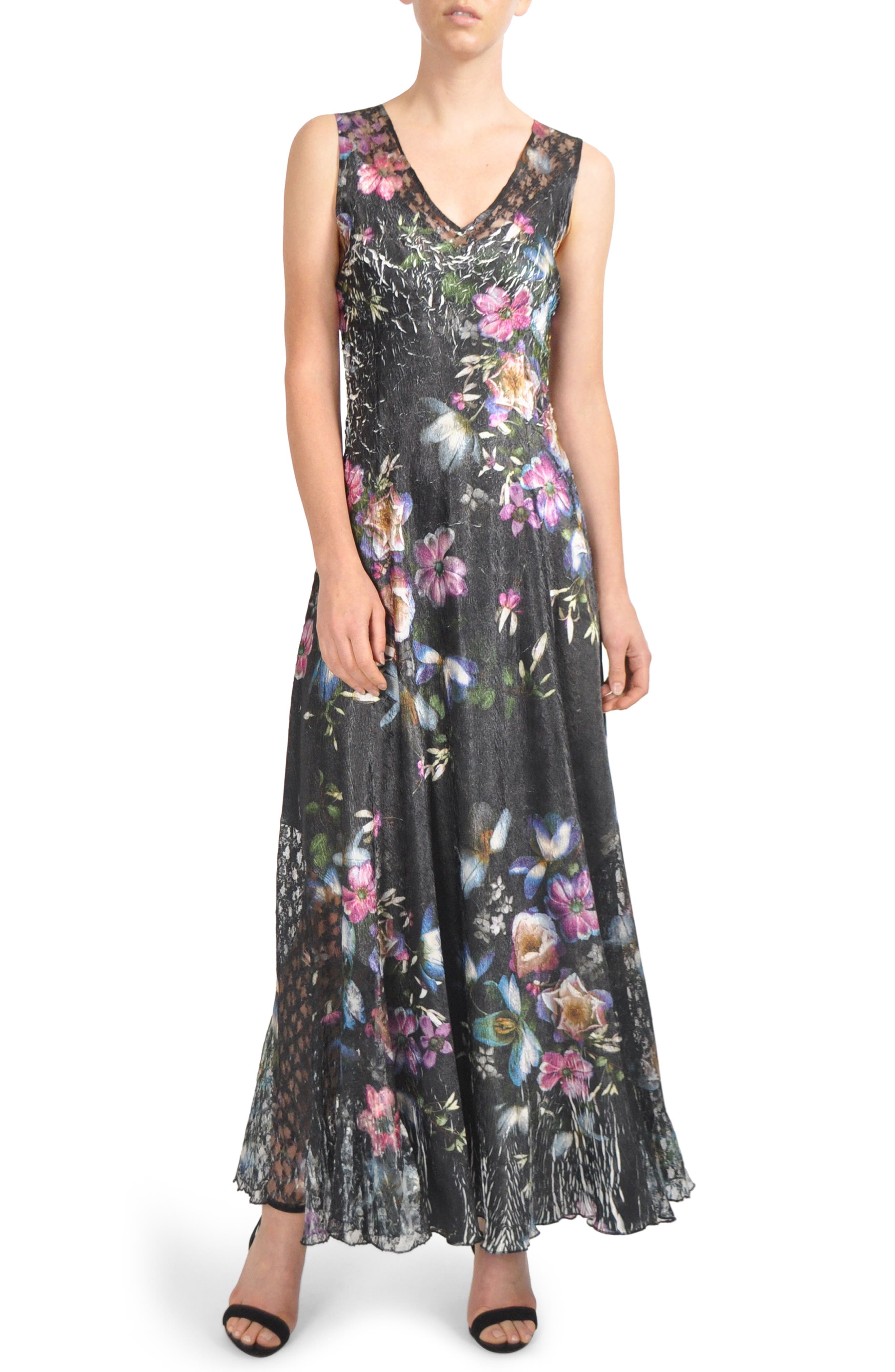 Komarov Floral Print Lace-Up Gown
