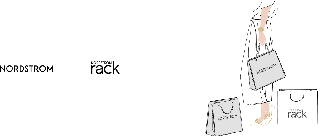At Nordstrom and Nordstrom Rack. Illustration of a woman with Nordstrom and Nordstrom Rack shopping bags.