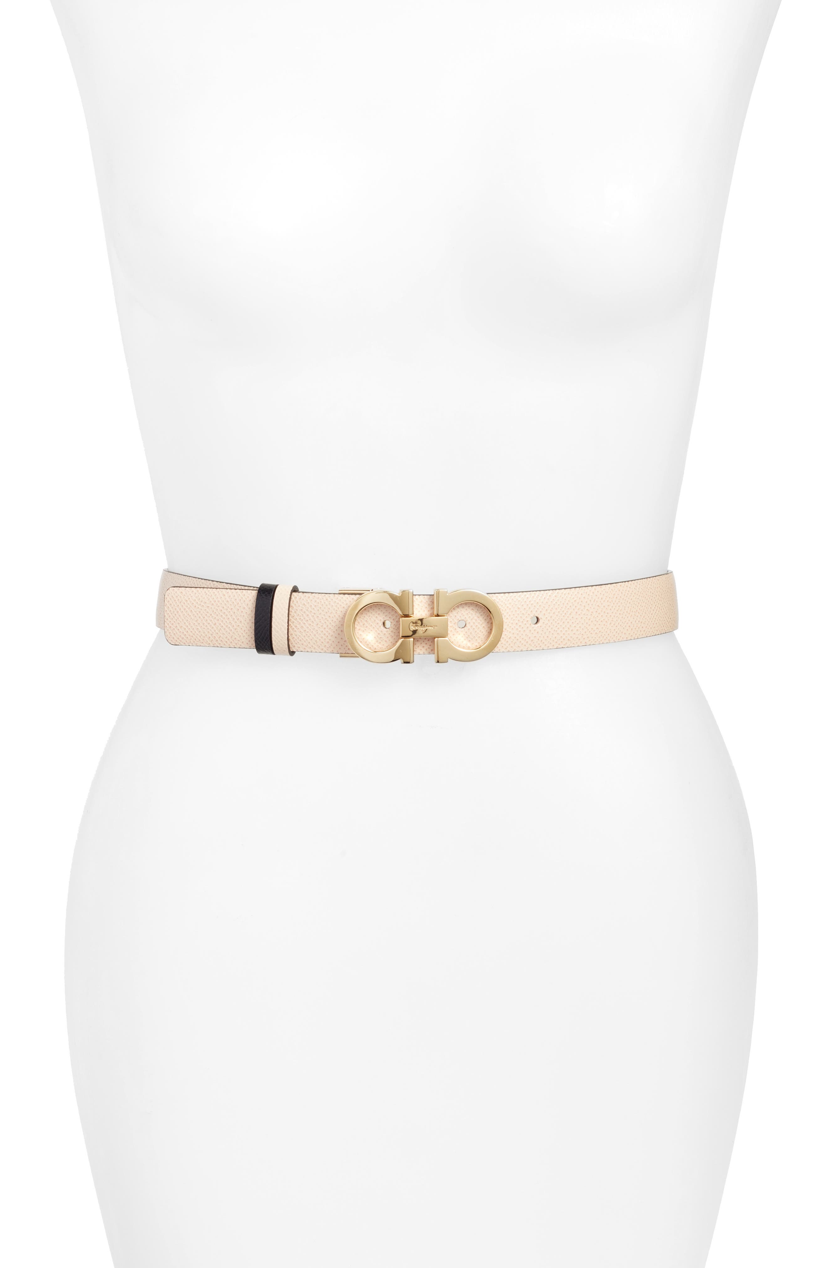 Salvatore Ferragamo Reversible Gancini Calfskin Leather Belt, Macadamia/ Nero
