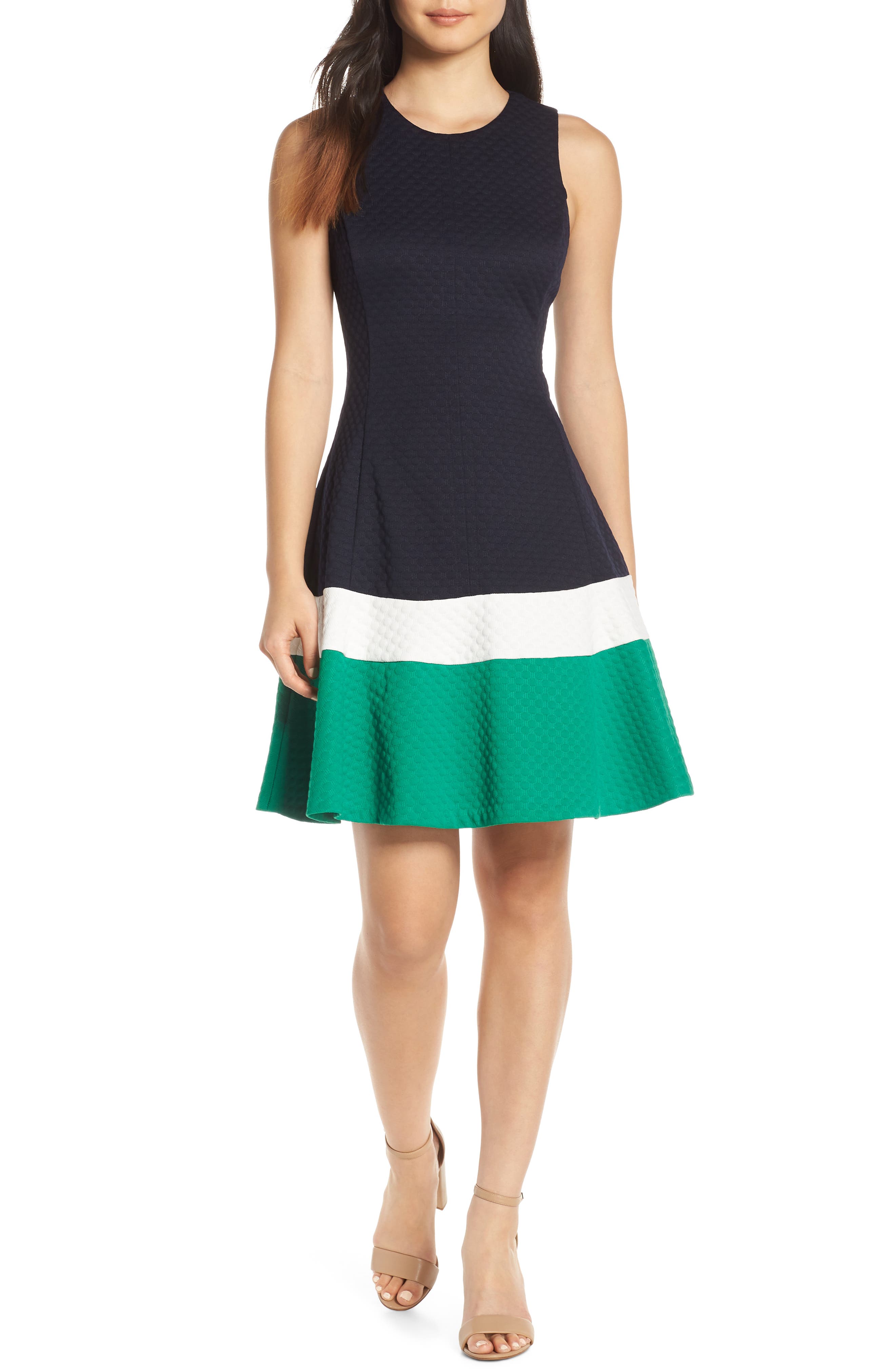 Eliza J Fit & Flare Jacquard Dress, Blue