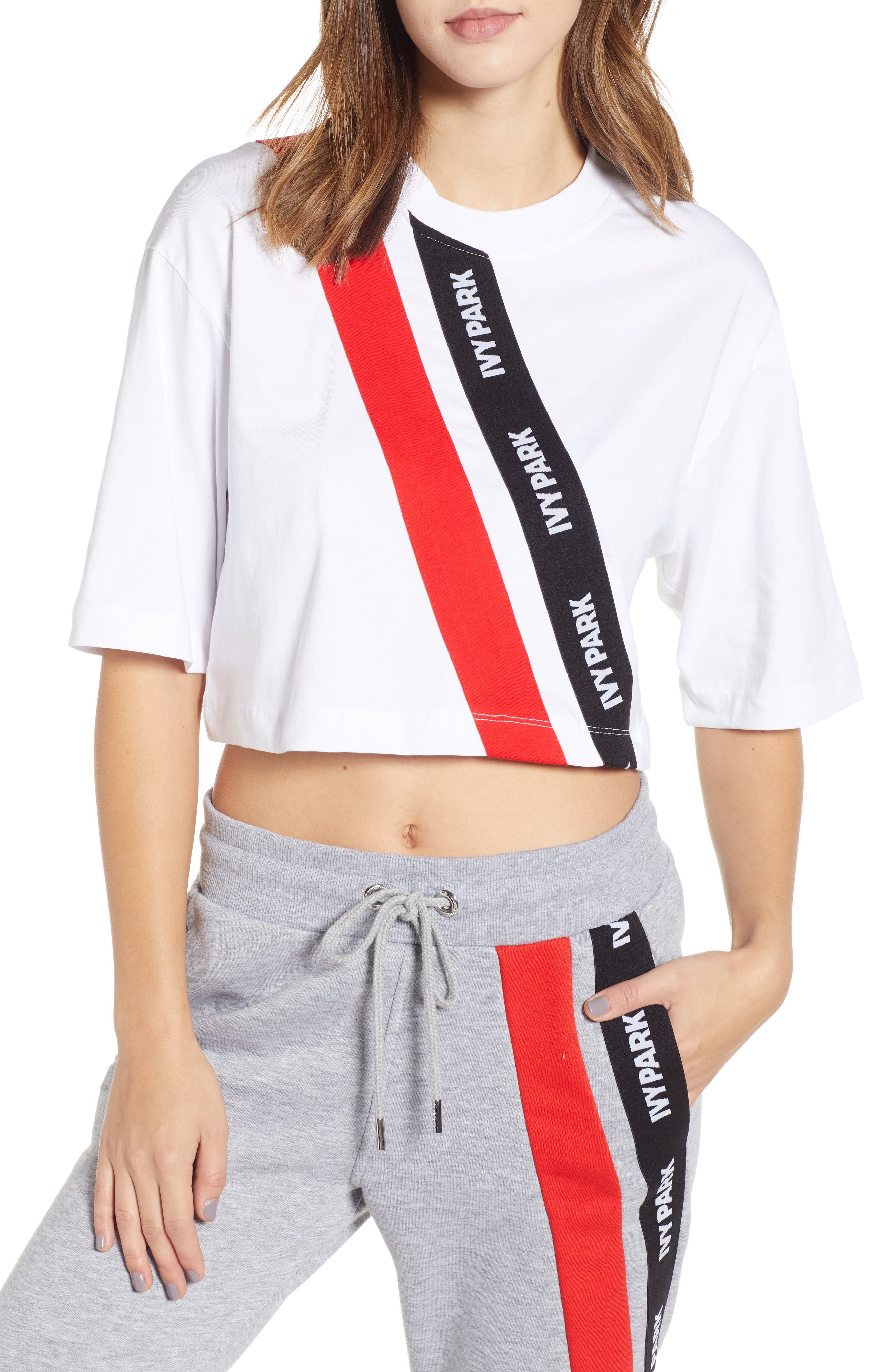 Ivy Park Logo Stripe Crop Tee, White