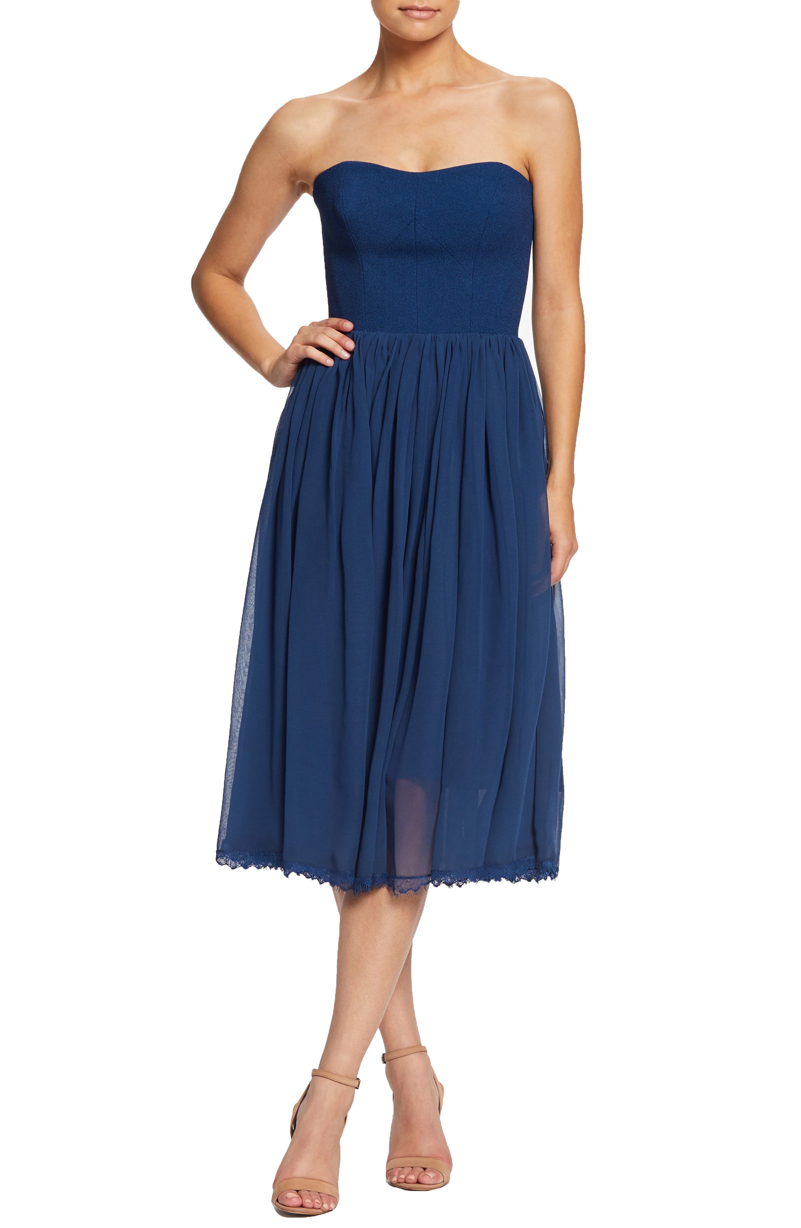 Dress The Population Willow Strapless Crepe Chiffon Cocktail Dress, Blue