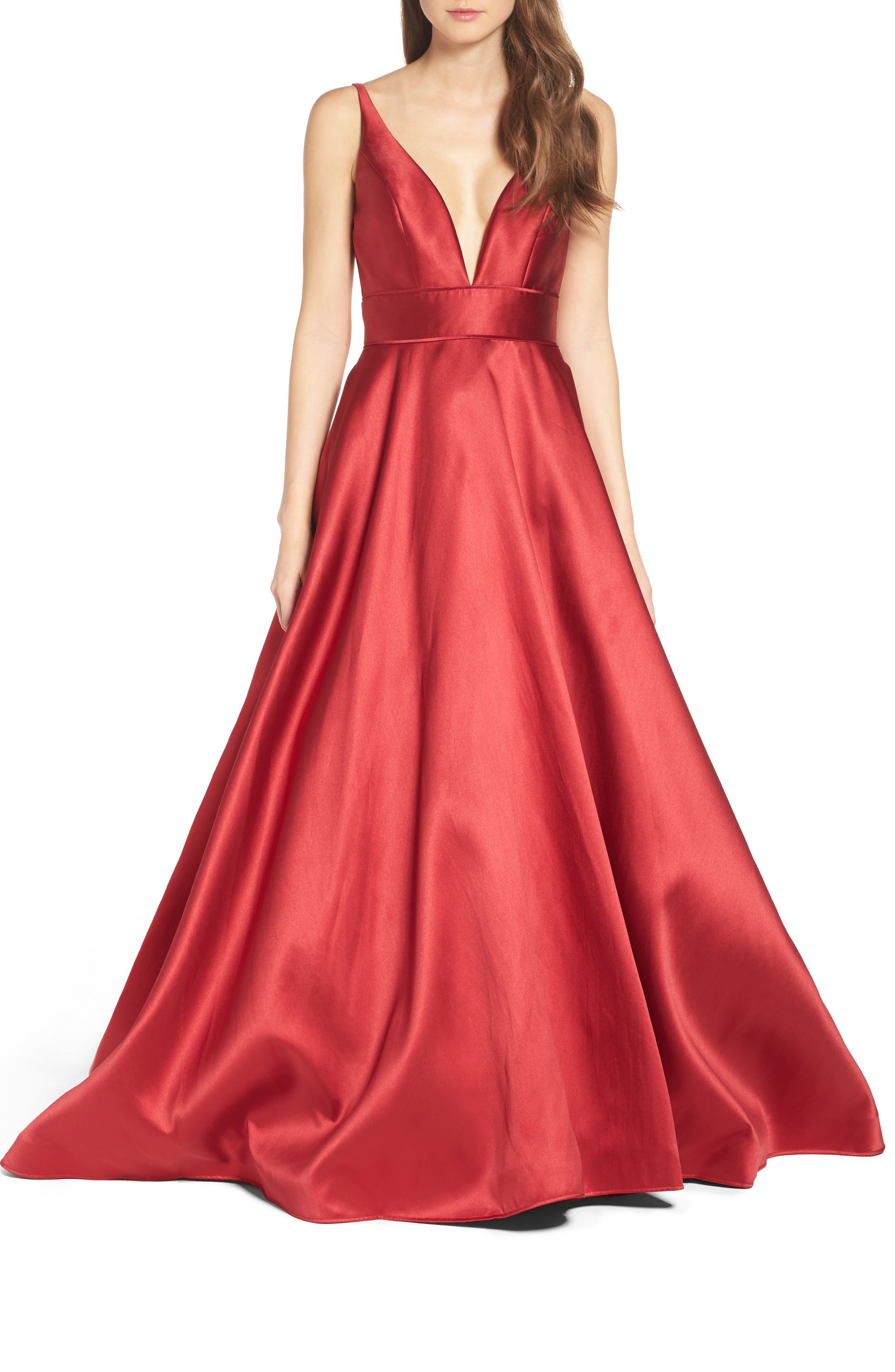 Ieena For MAC Duggal Plunging Sweetheart Neck Ballgown, Red