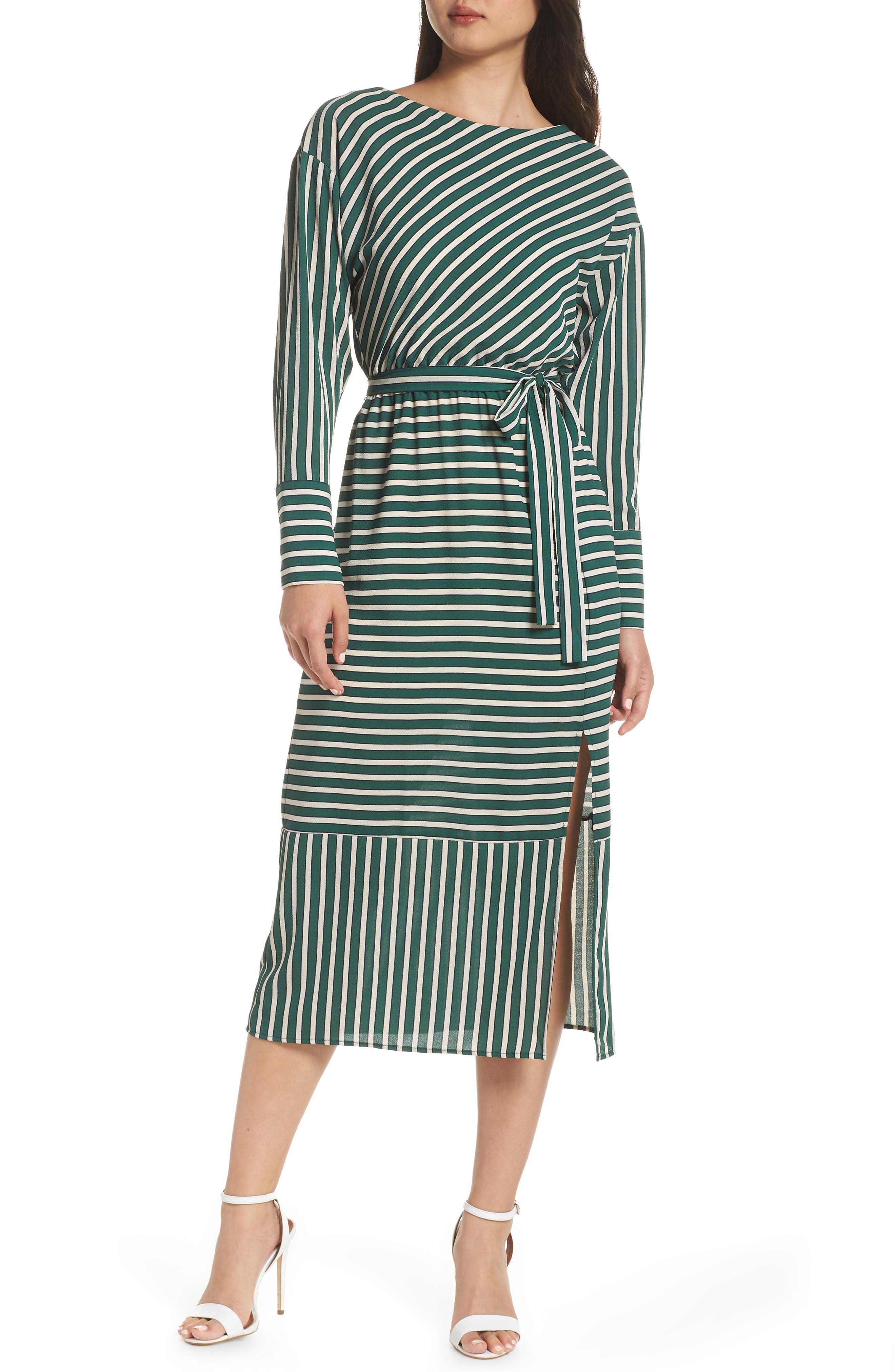 Charles Henry Striped Midi Dress, Green