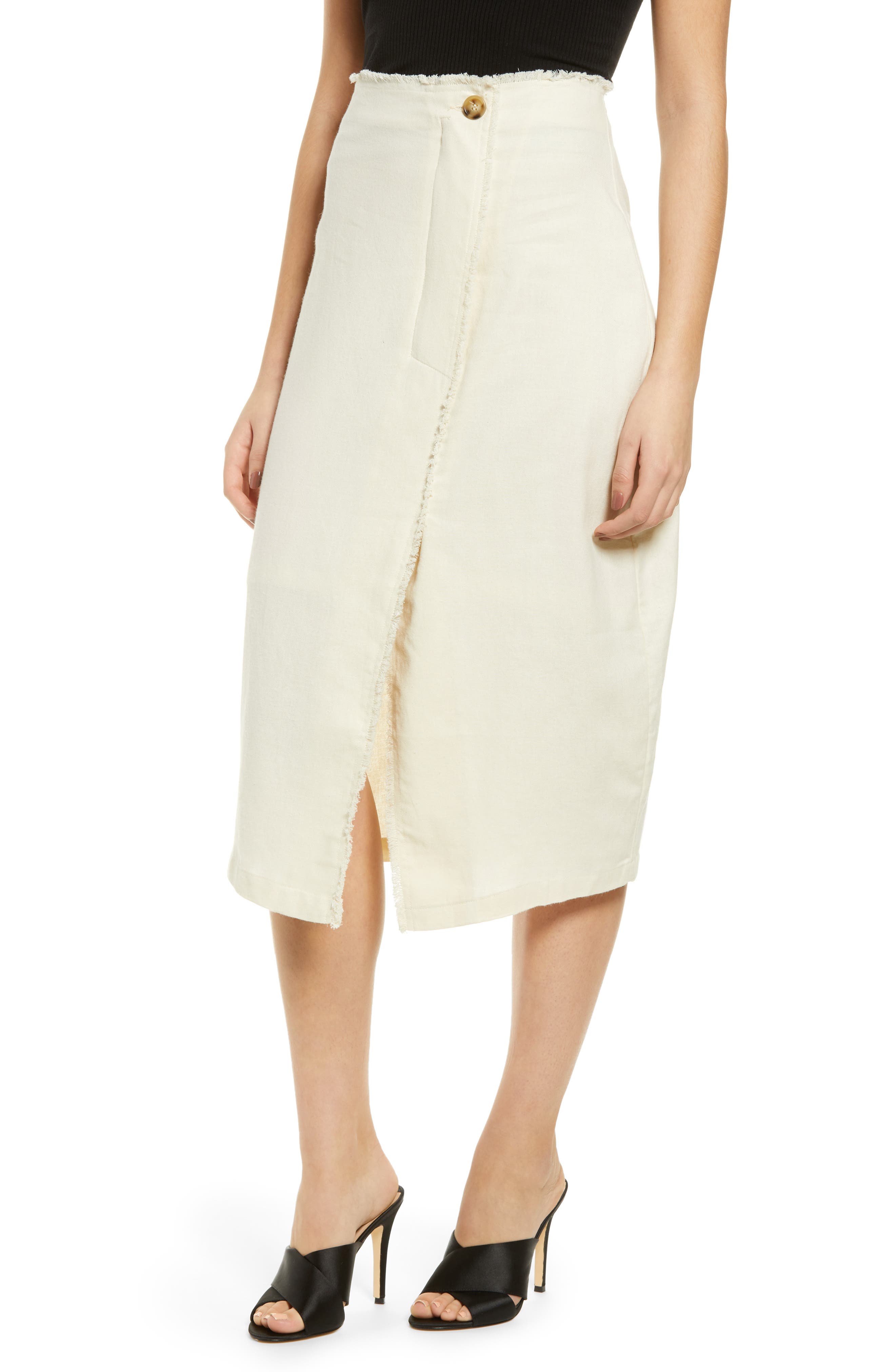 Prima Button Frayed Midi Skirt, Ivory