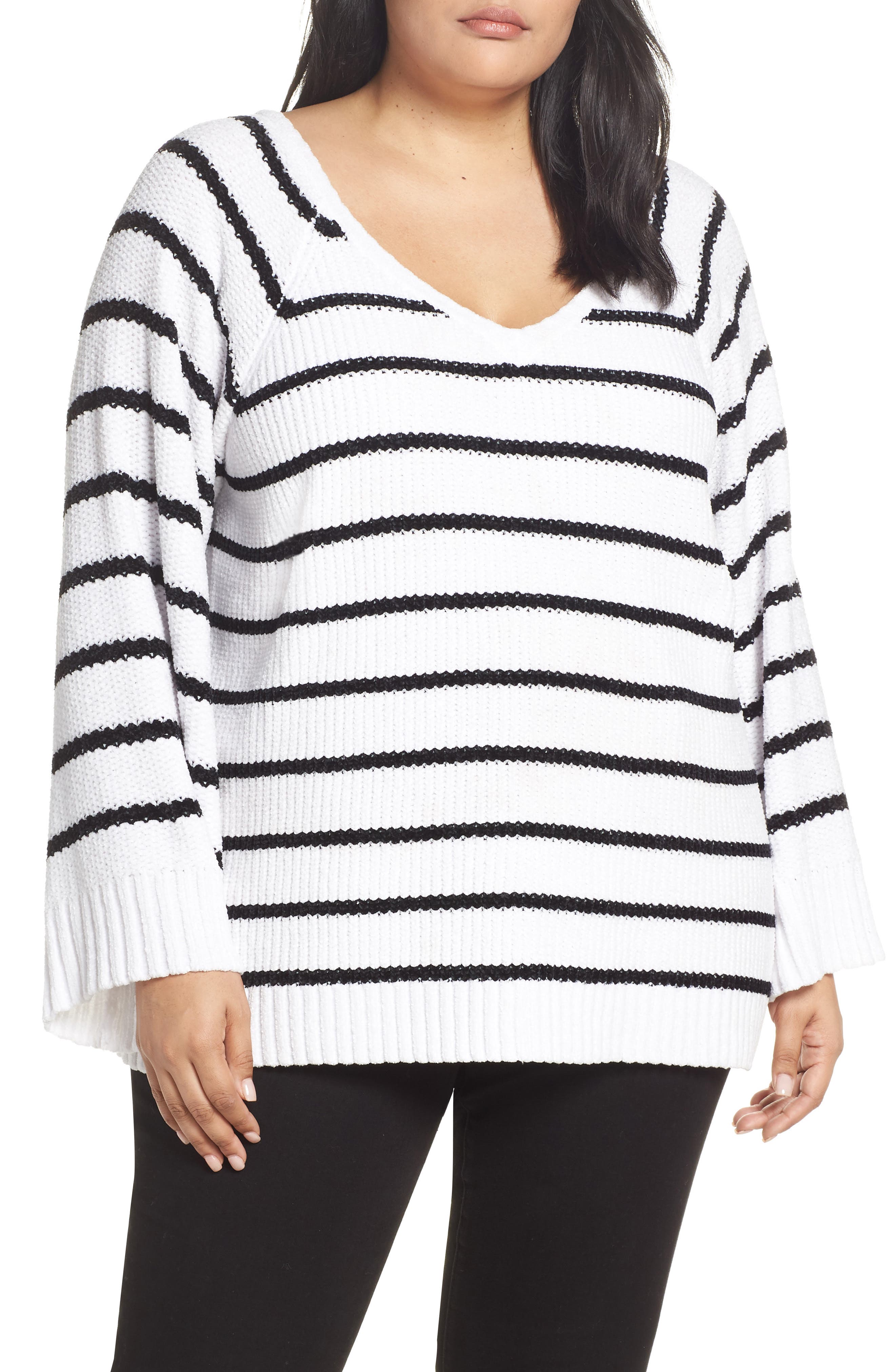 Plus Size & .layered Stripe V-Neck Sweater, White