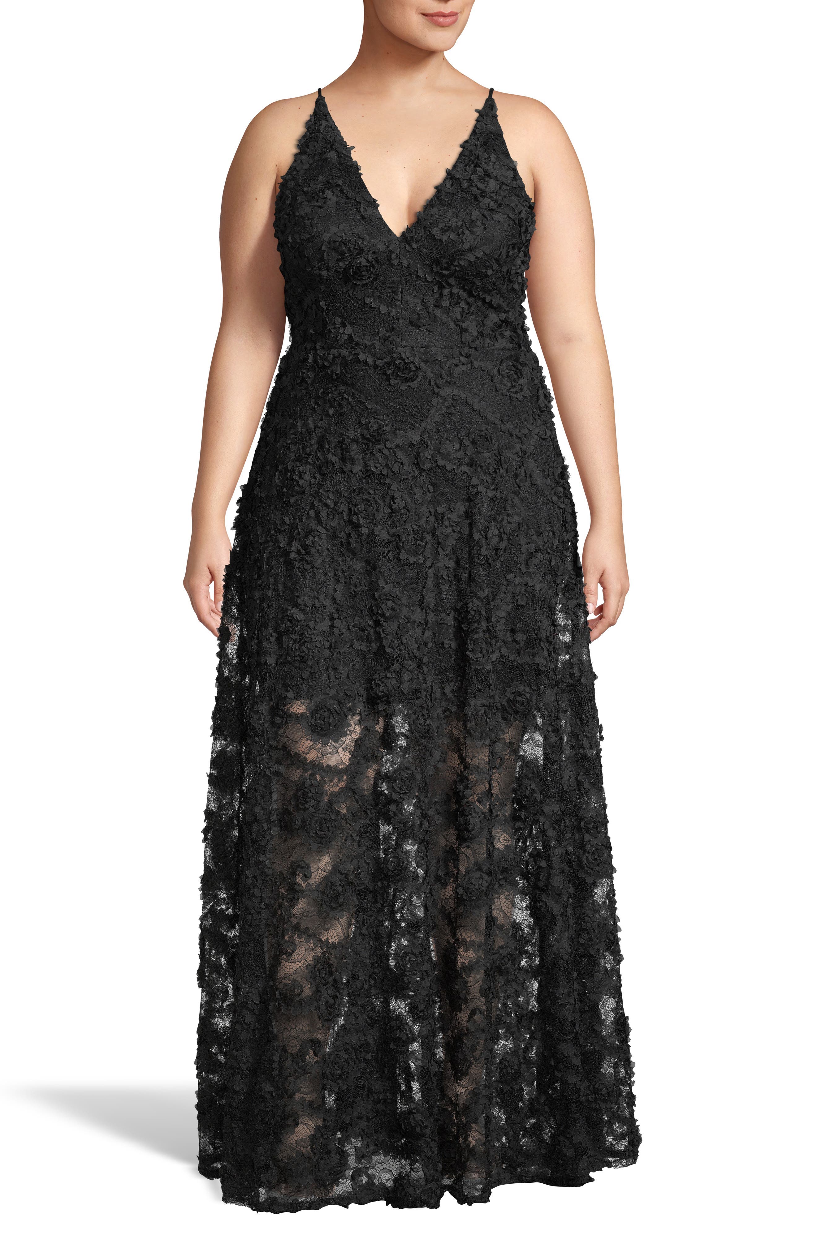 Plus Size Xscape 3D Lace V-Neck Evening Dress, Black