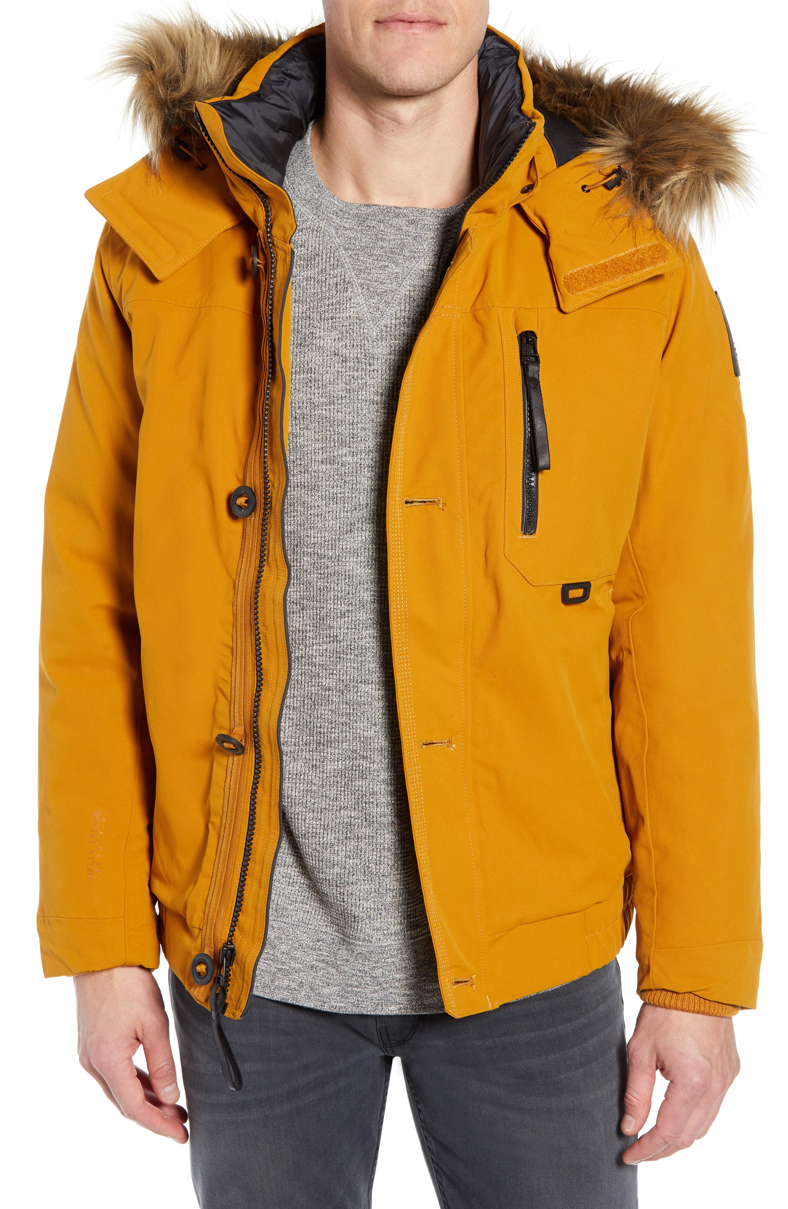 Helly Hansen Bardu Waterproof Bomber Jacket With Detachable Hood And Faux Fur Trim, Yellow
