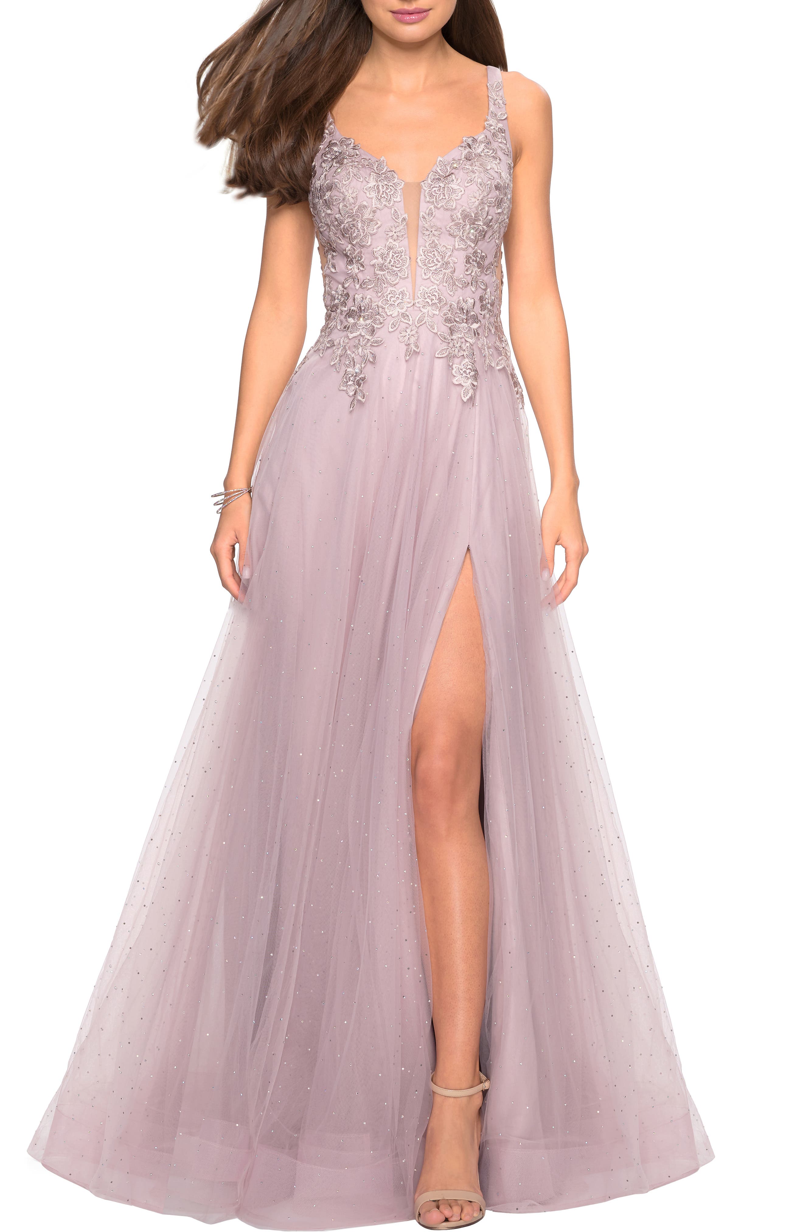 La Femme High Slit Tulle Evening Dress, Purple