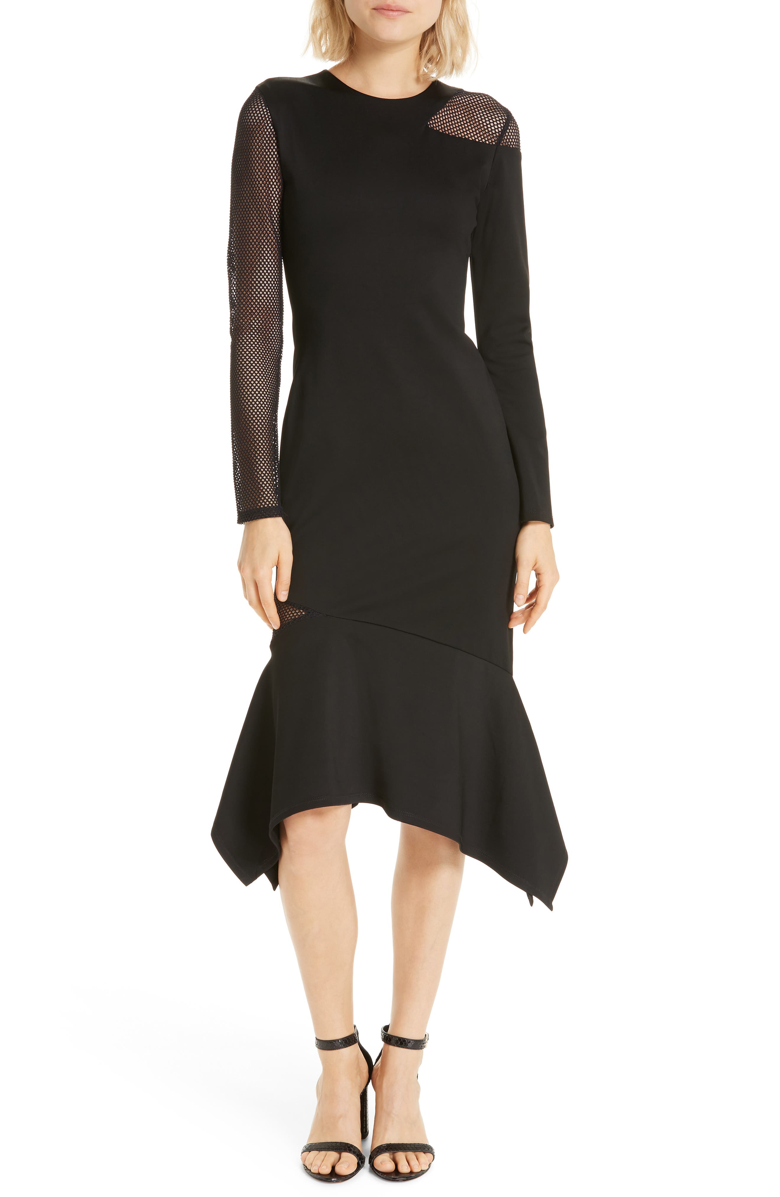 Alice + Olivia Kaine Mesh Inset Asymmetrical Hem Dress, Black