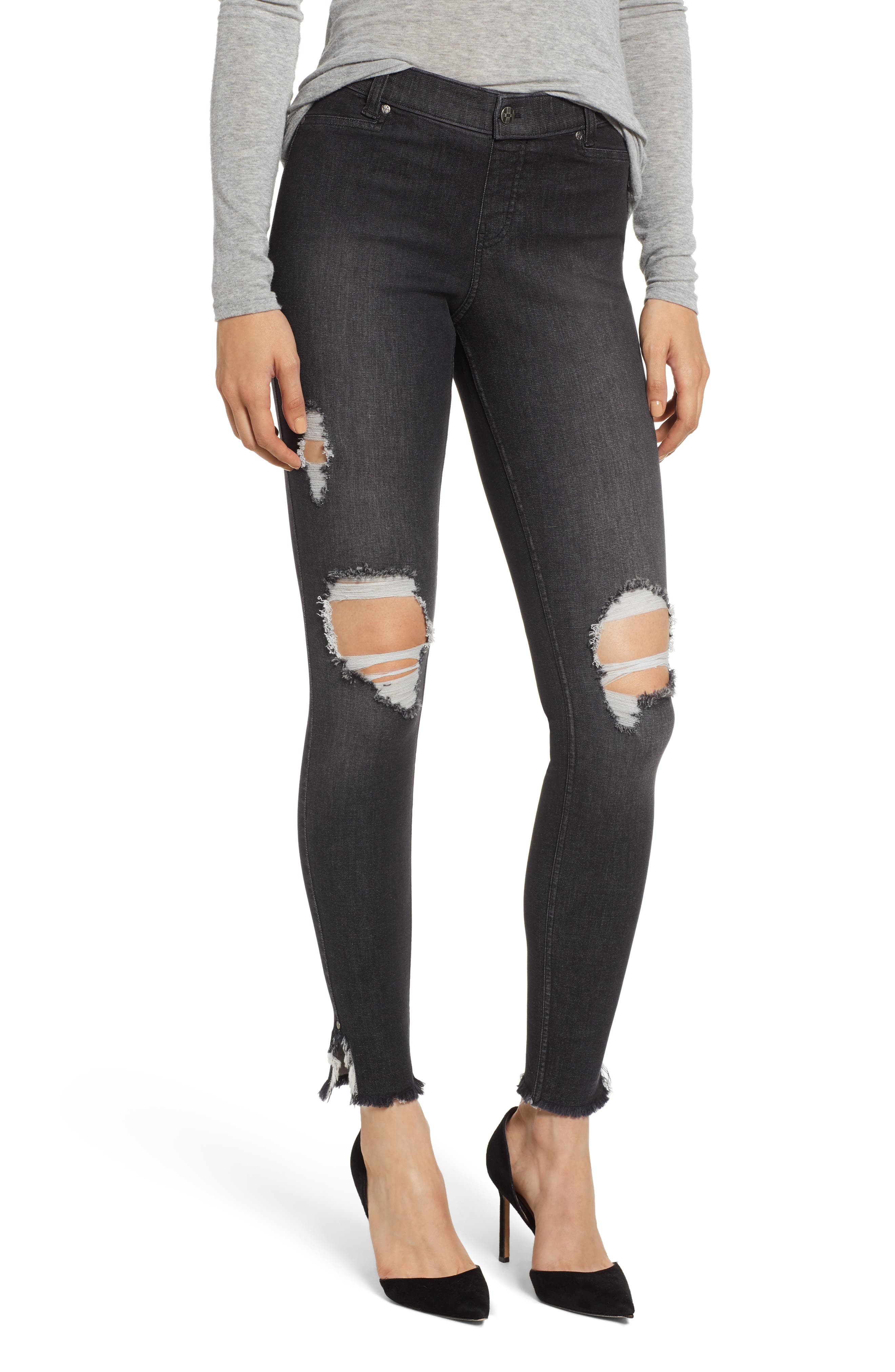 Hue Ripped Ankle Slit Denim Leggings, Black
