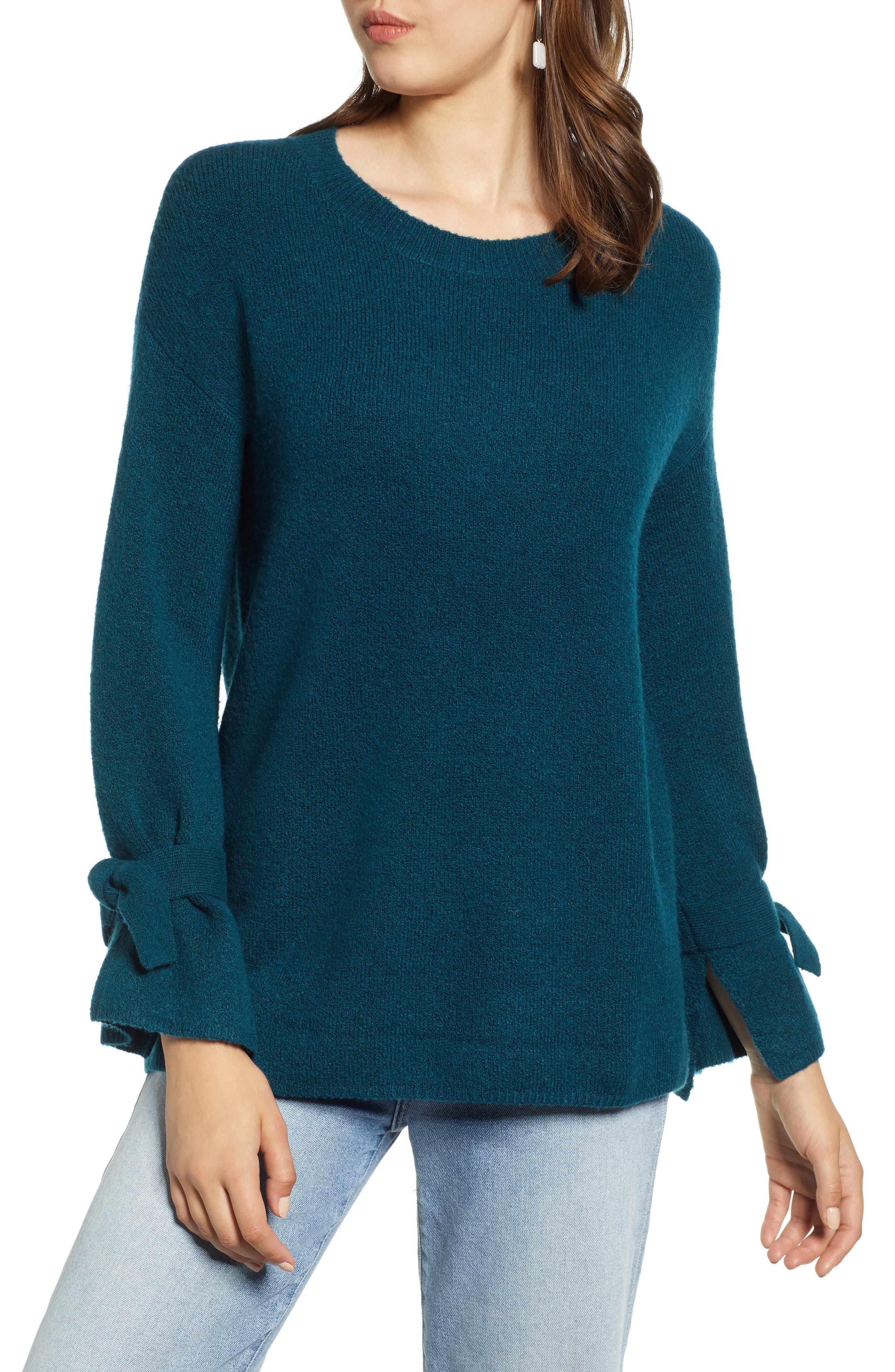 Halogen Tie Sleeve Wool Blend Sweater, Blue/green