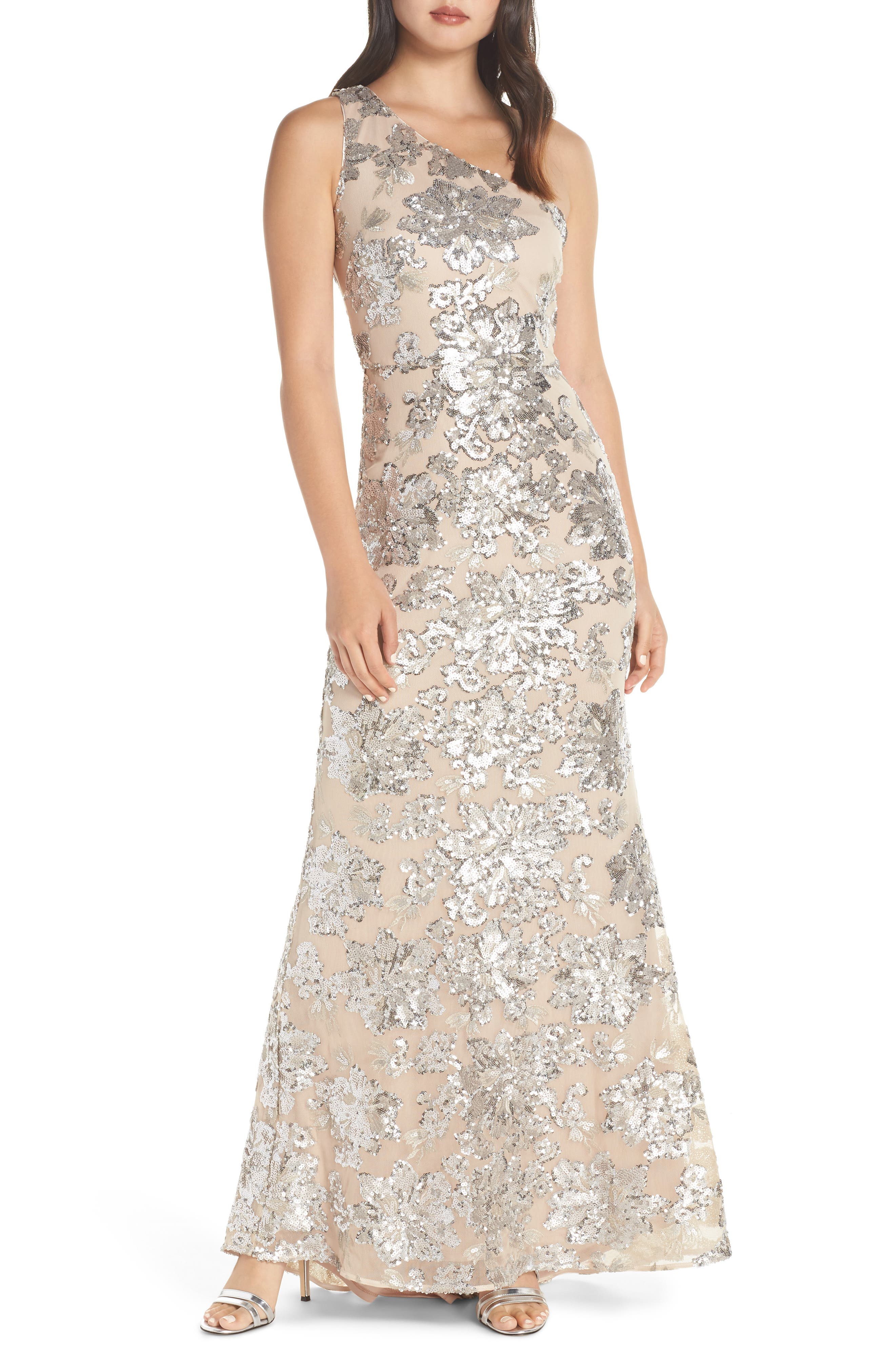 Vince Camuto One-Shoulder Sequin Chiffon Evening Dress