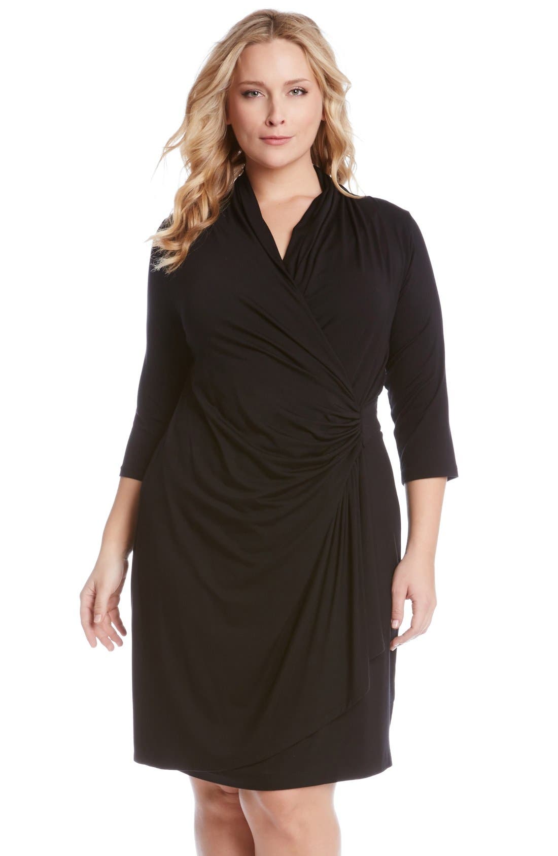 Plus Size Karen Kane Three Quarter Sleeve Jersey Cascade Faux Wrap Dress