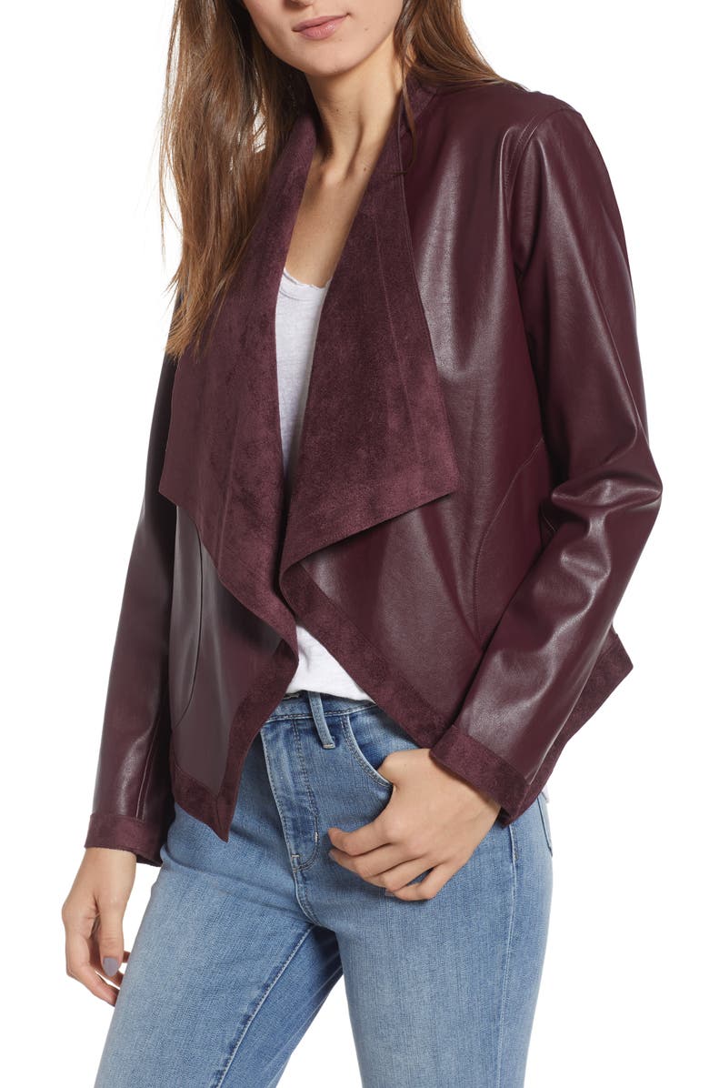 Teagan Reversible Faux Leather Drape Front Jacket, Main, color, FIG