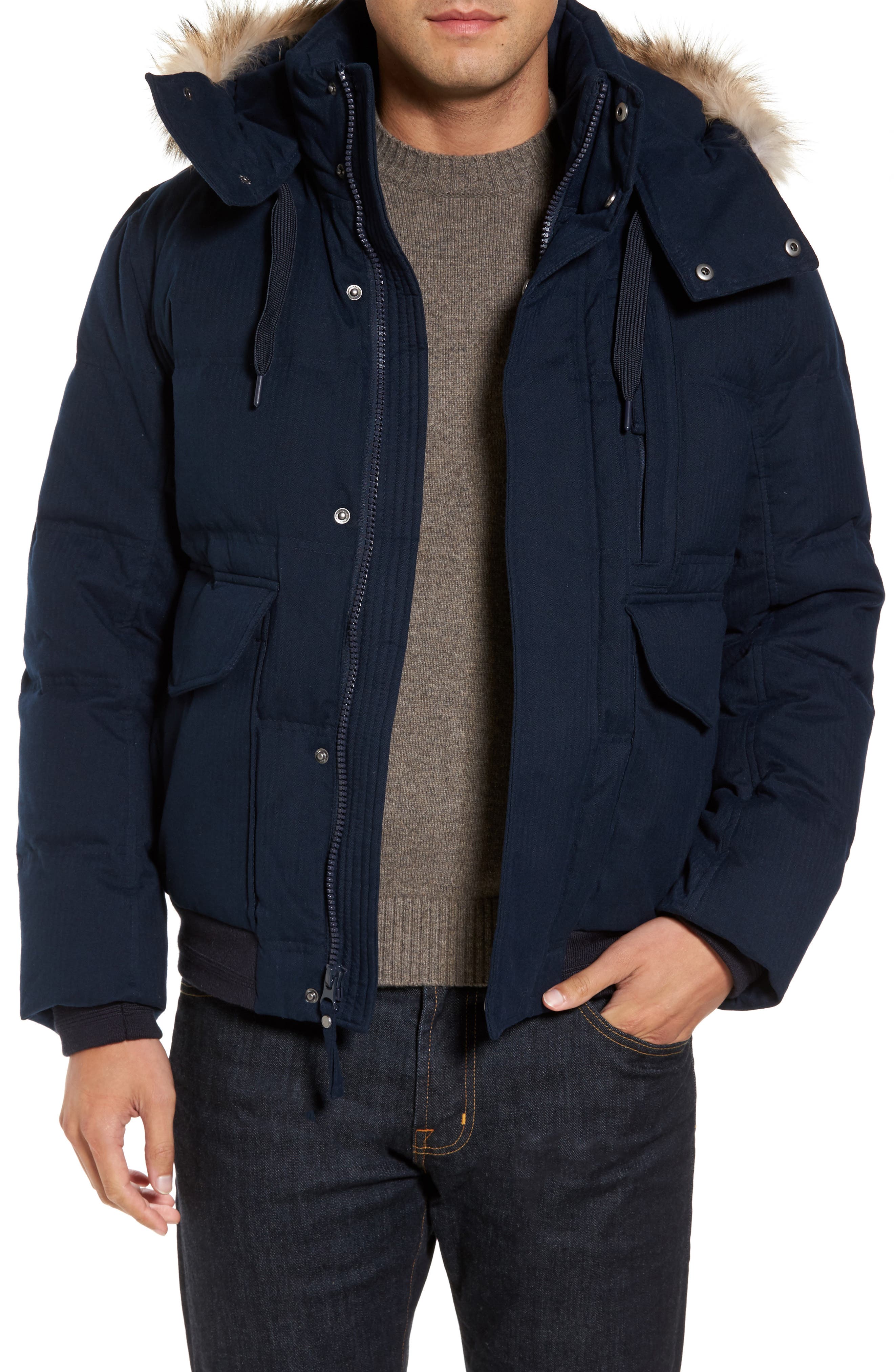 Marc New York Bohlen Down & Feather Bomber Jacket With Removable Genuine Coyote Fur Trim Hood, Blue
