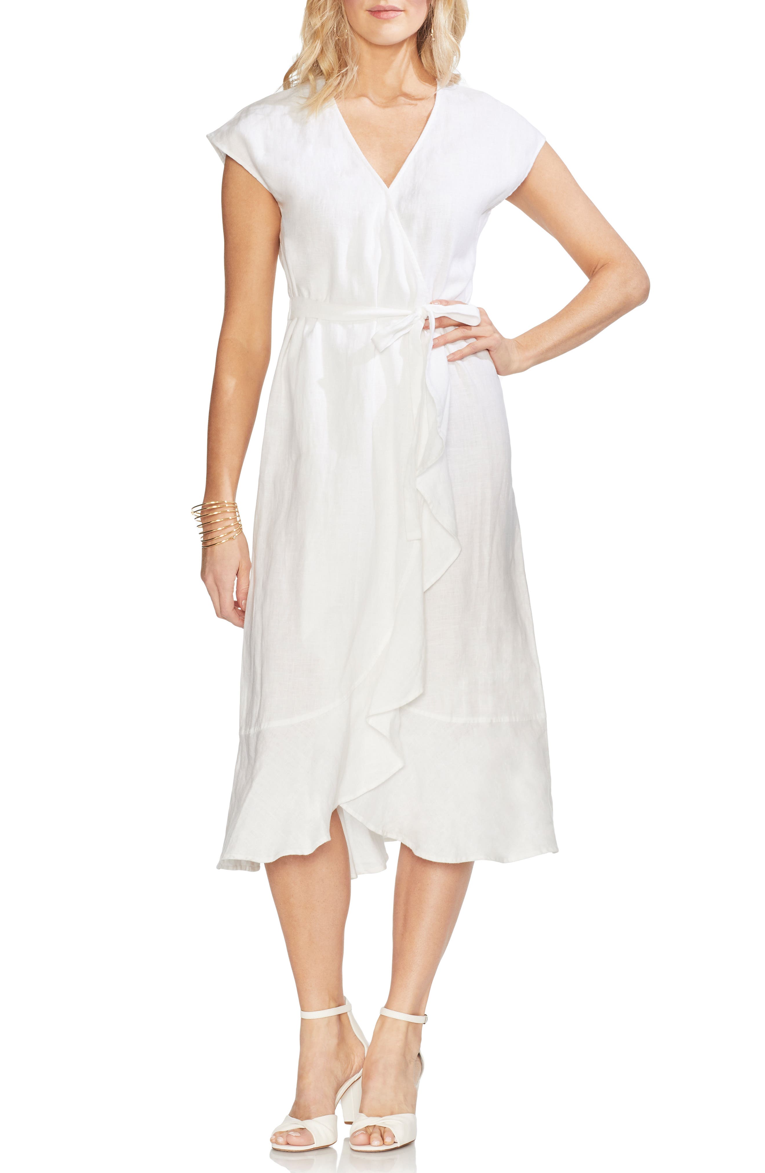 Vince Camuto Faux Wrap Linen Dress, White
