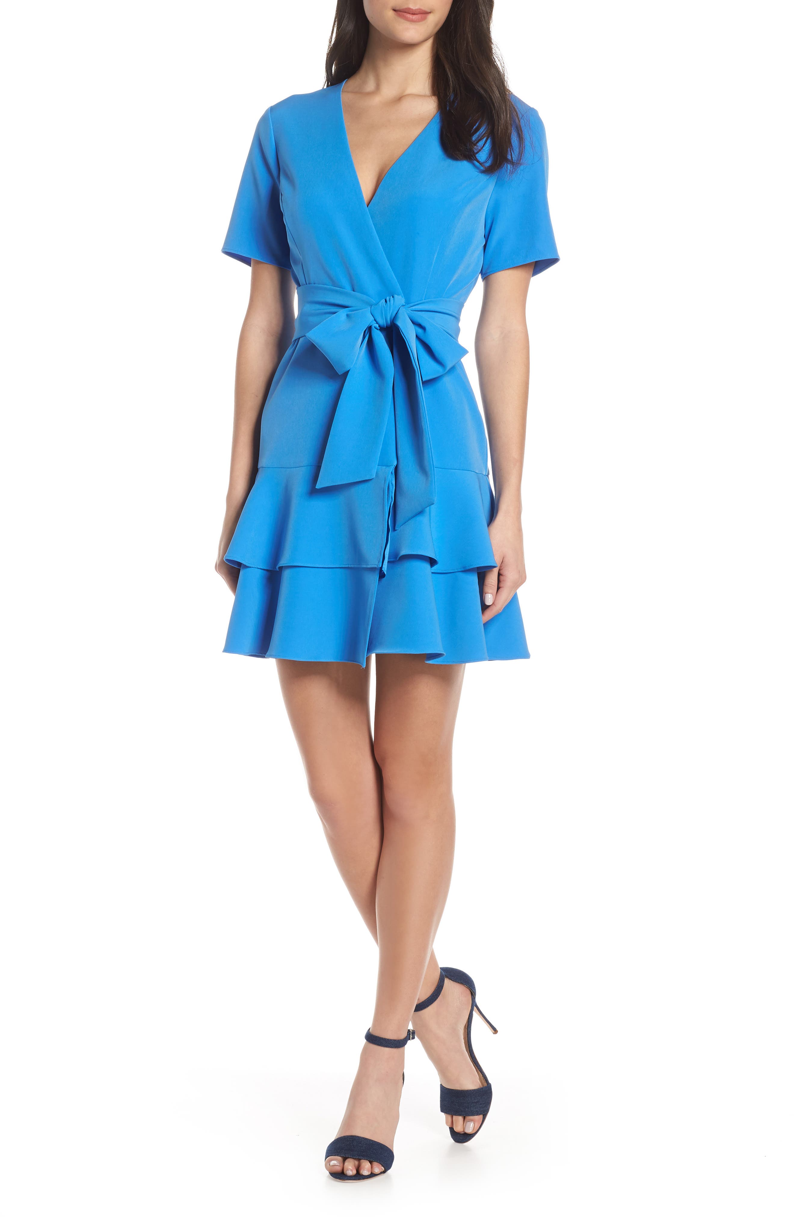 Charles Henry Ruffle Tiered Wrap Dress, Blue