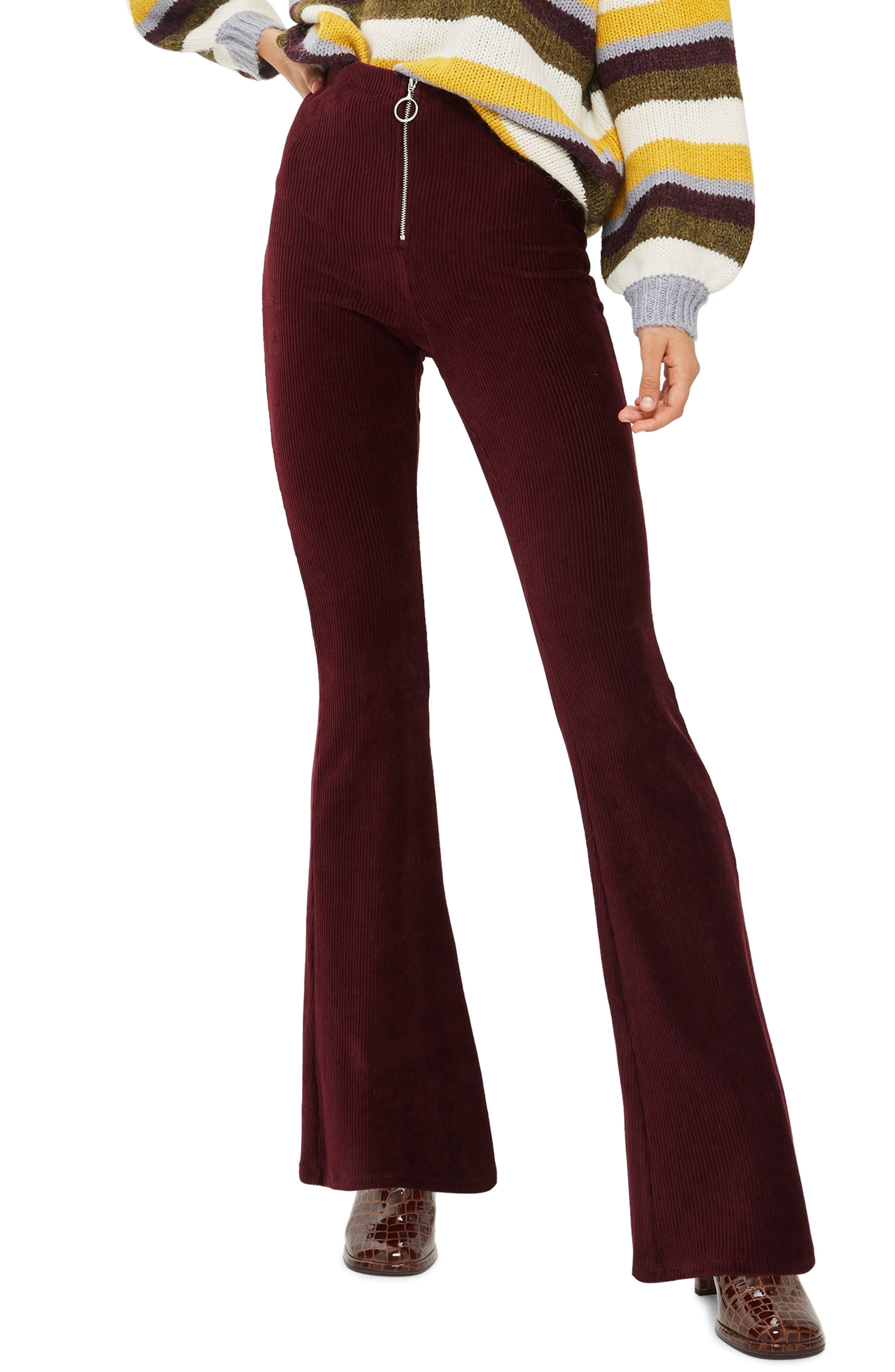 Topshop Zip Flare Corduroy Pants, US (fits like 10-12) - Burgundy