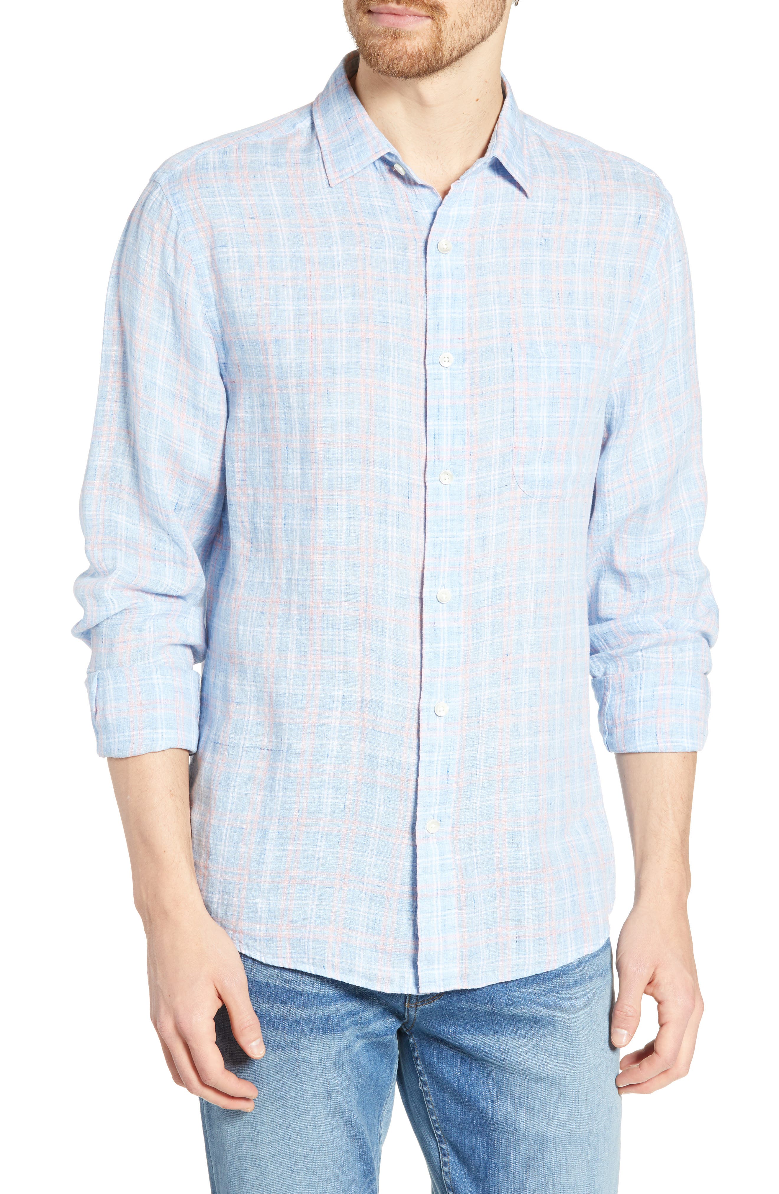 Faherty Regular Fit Plaid Linen Sport Shirt, Blue
