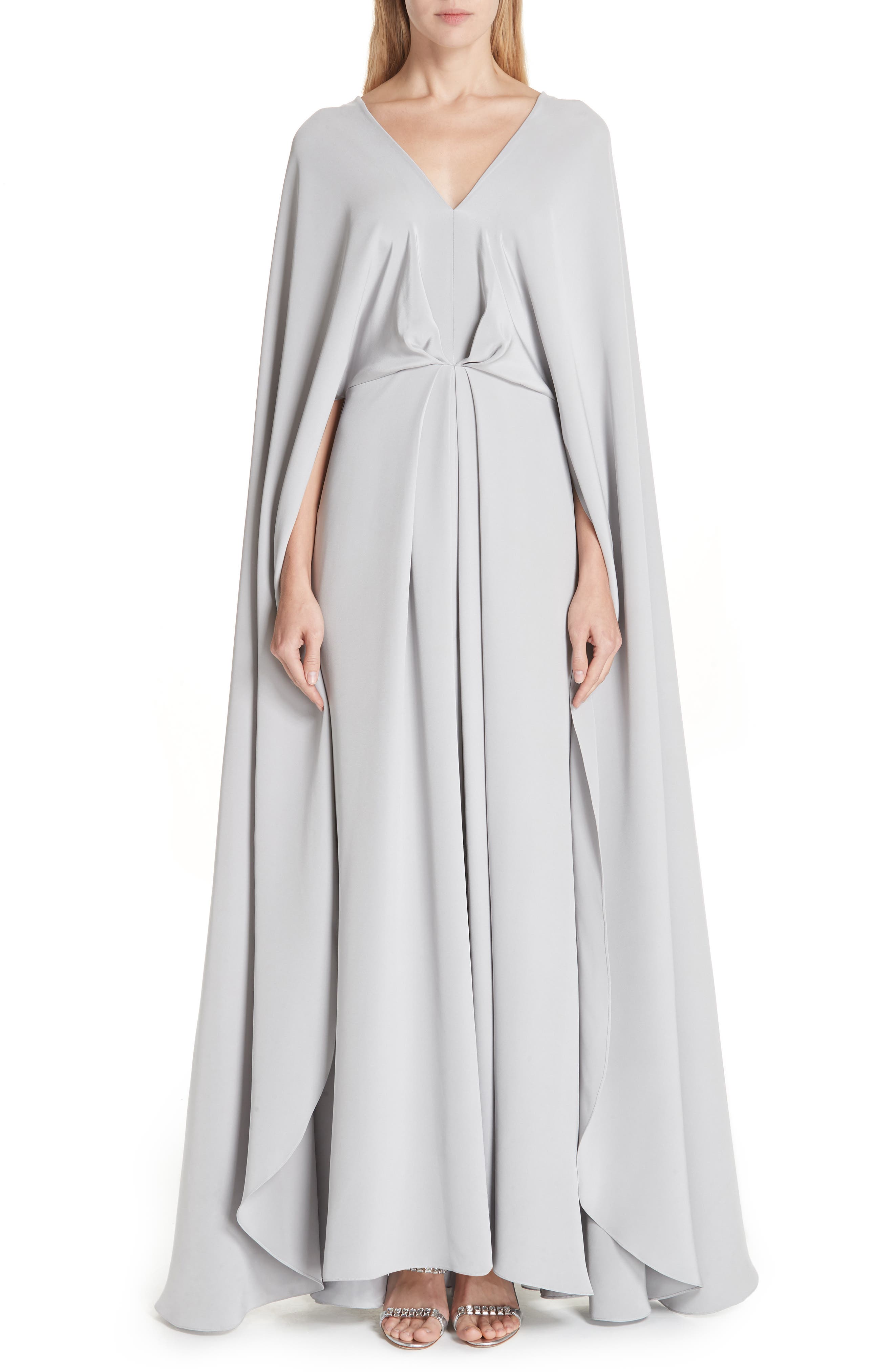 Christian Siriano V-Neck Cape Silk Gown, (fits like 8) - Grey