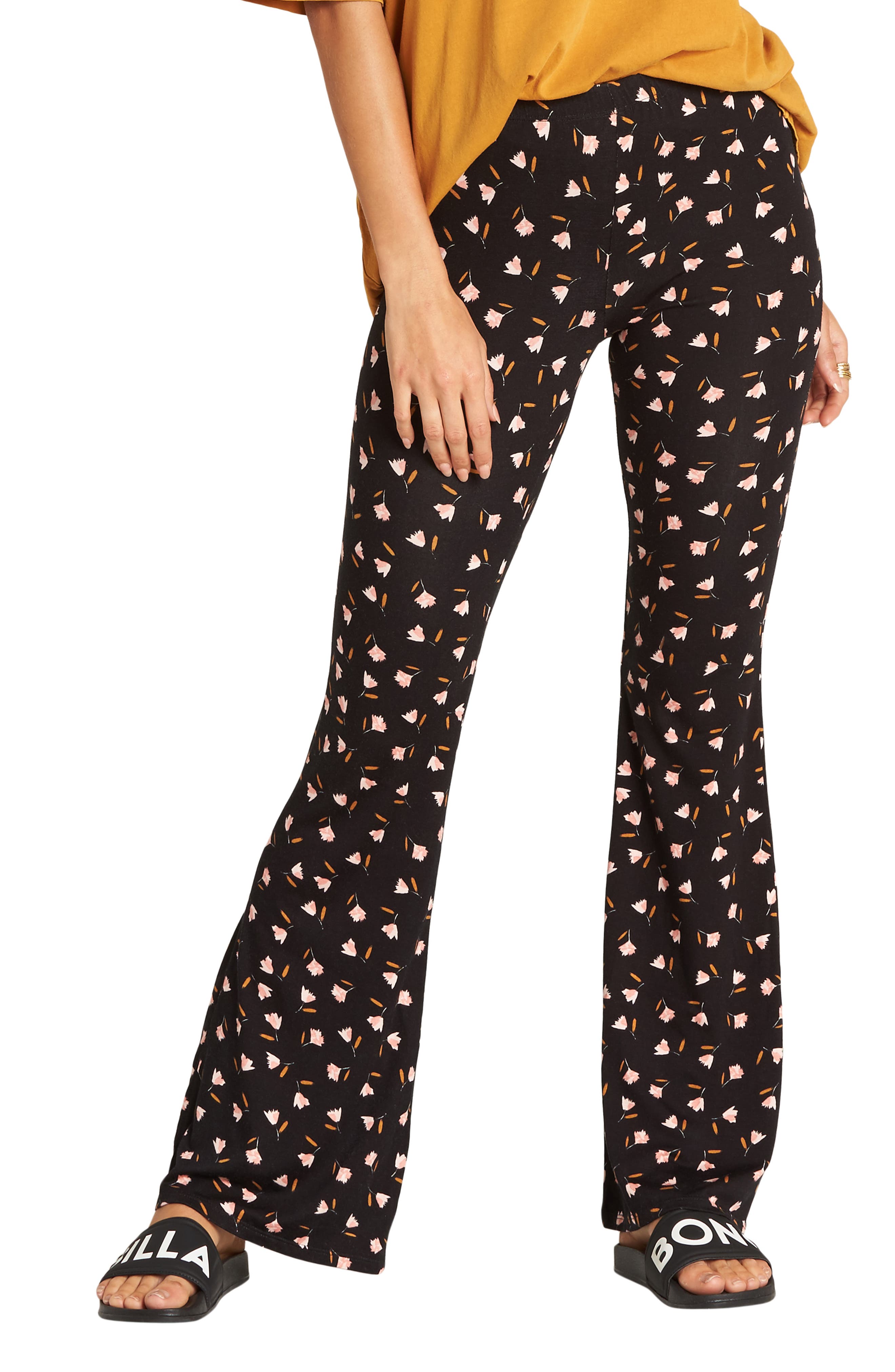 Billabong Sundown Floral Print Flare Pants, Black