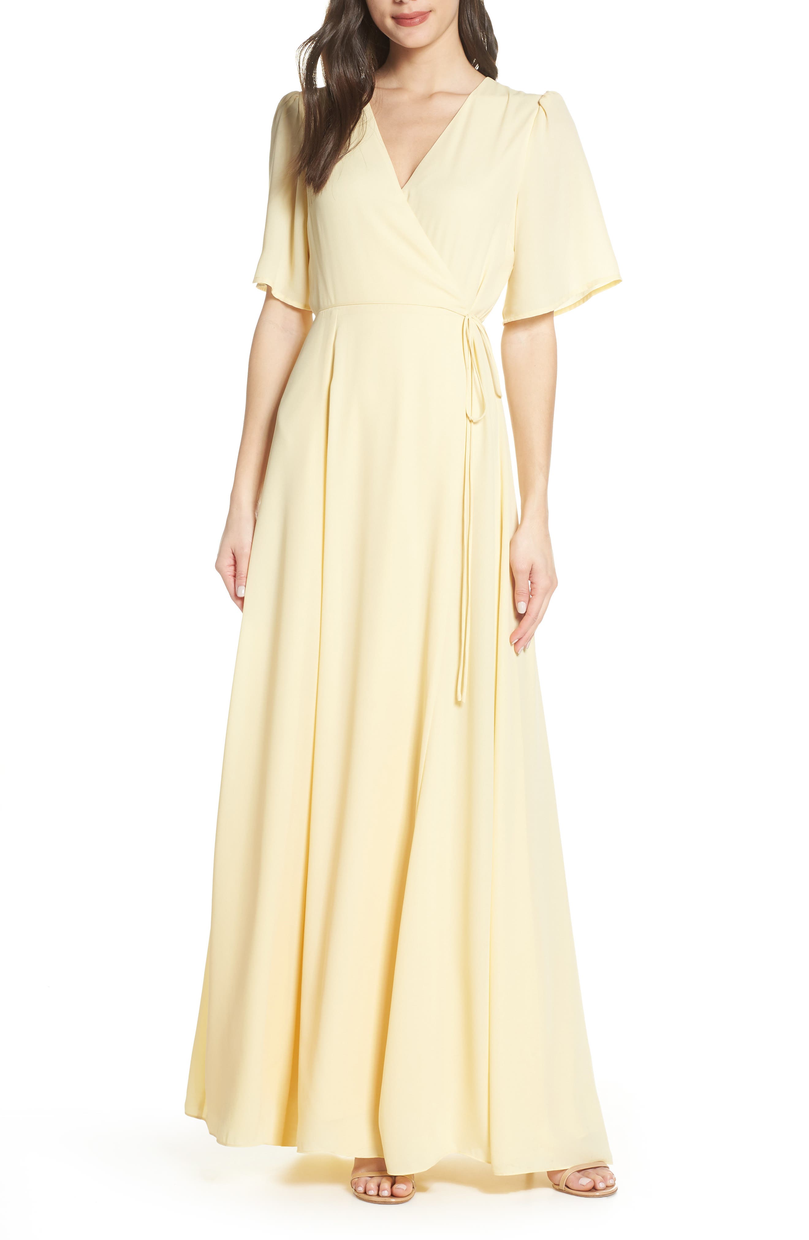 Wayf The Aurelia Short Sleeve Wrap Evening Dress, Yellow
