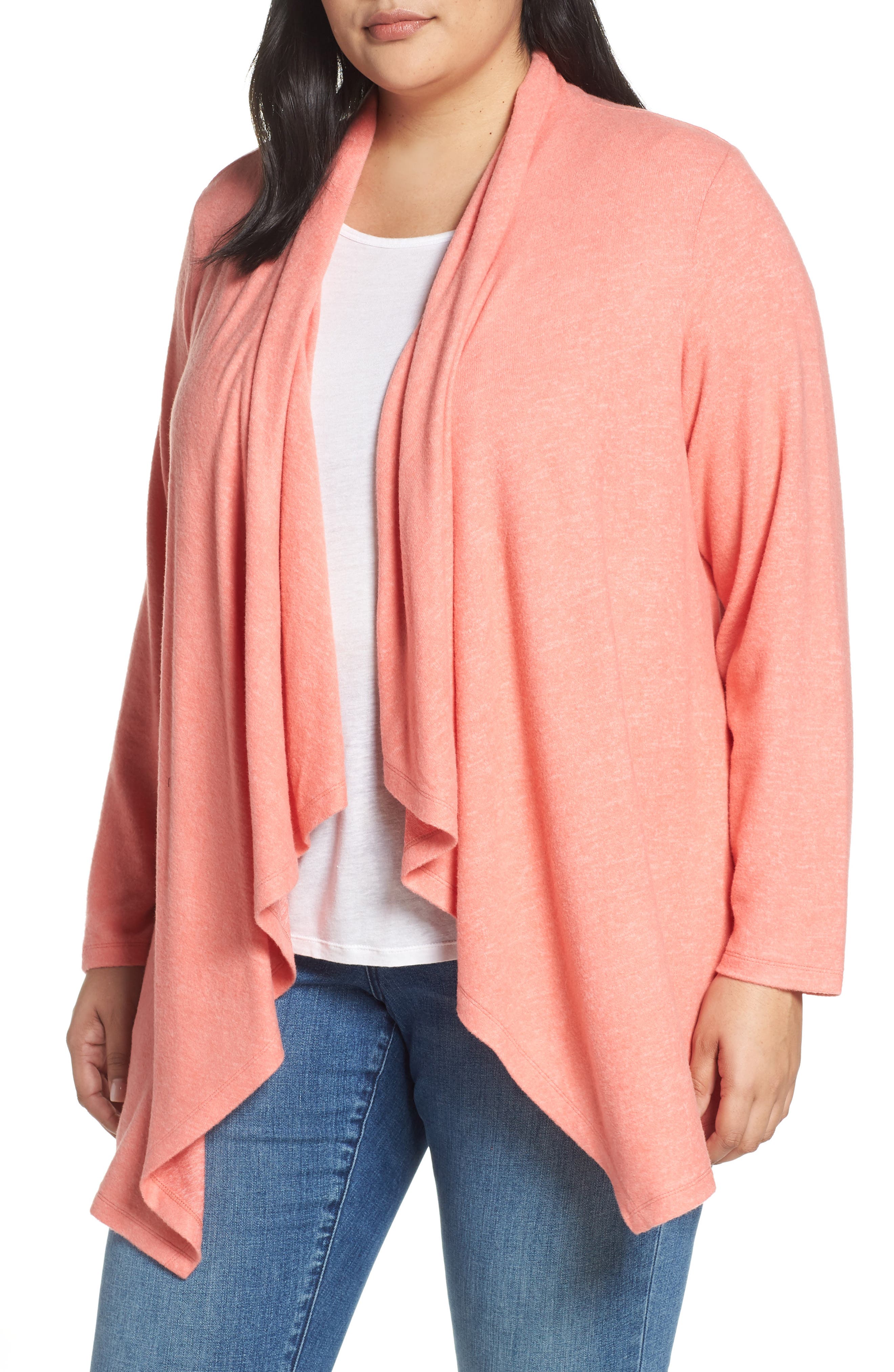 Plus Size Bobeau Amie Waterfall Cardigan, Coral