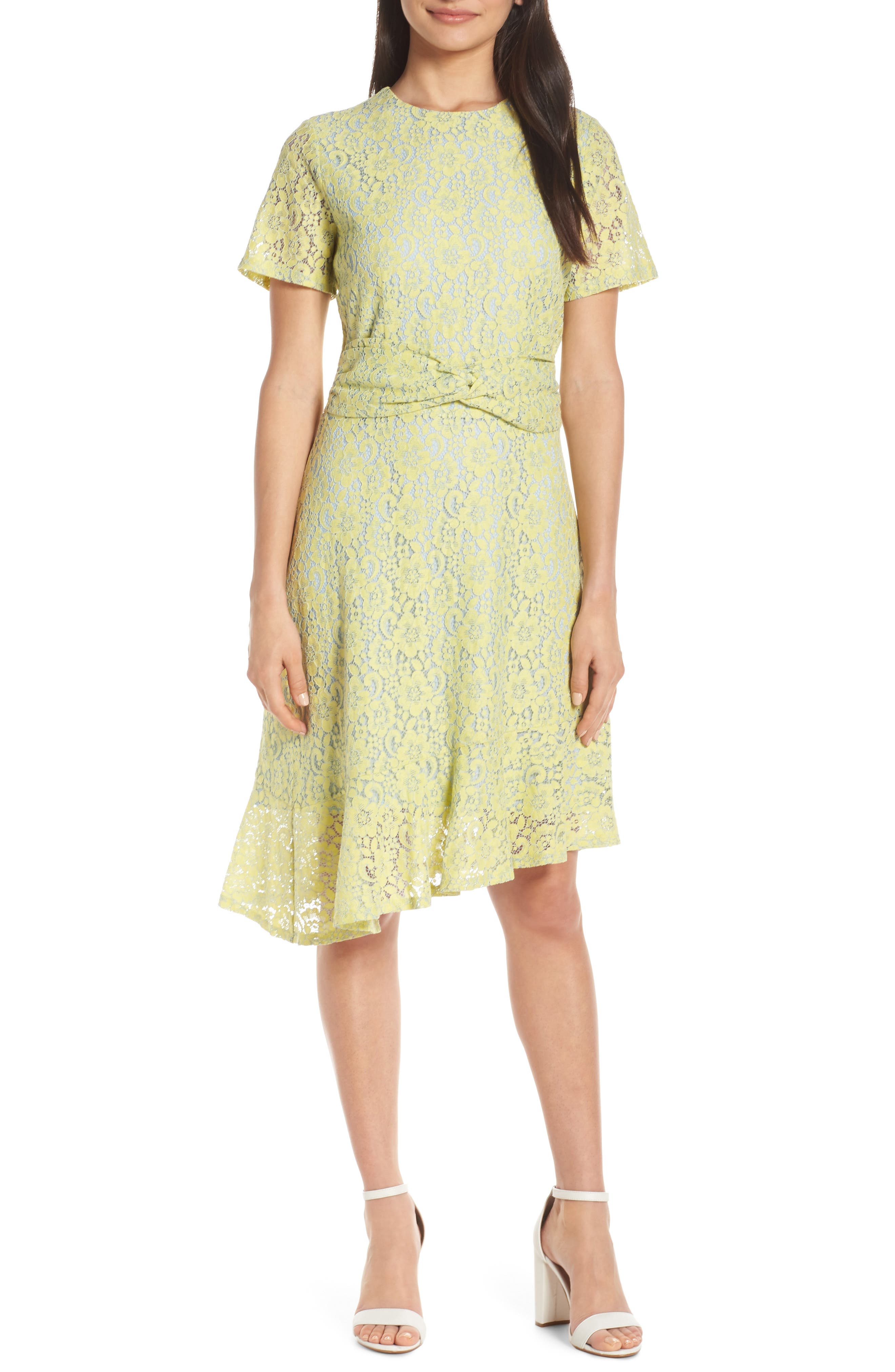 Chelsea28 Twist Waist Asymmetrical Lace Dress, Yellow