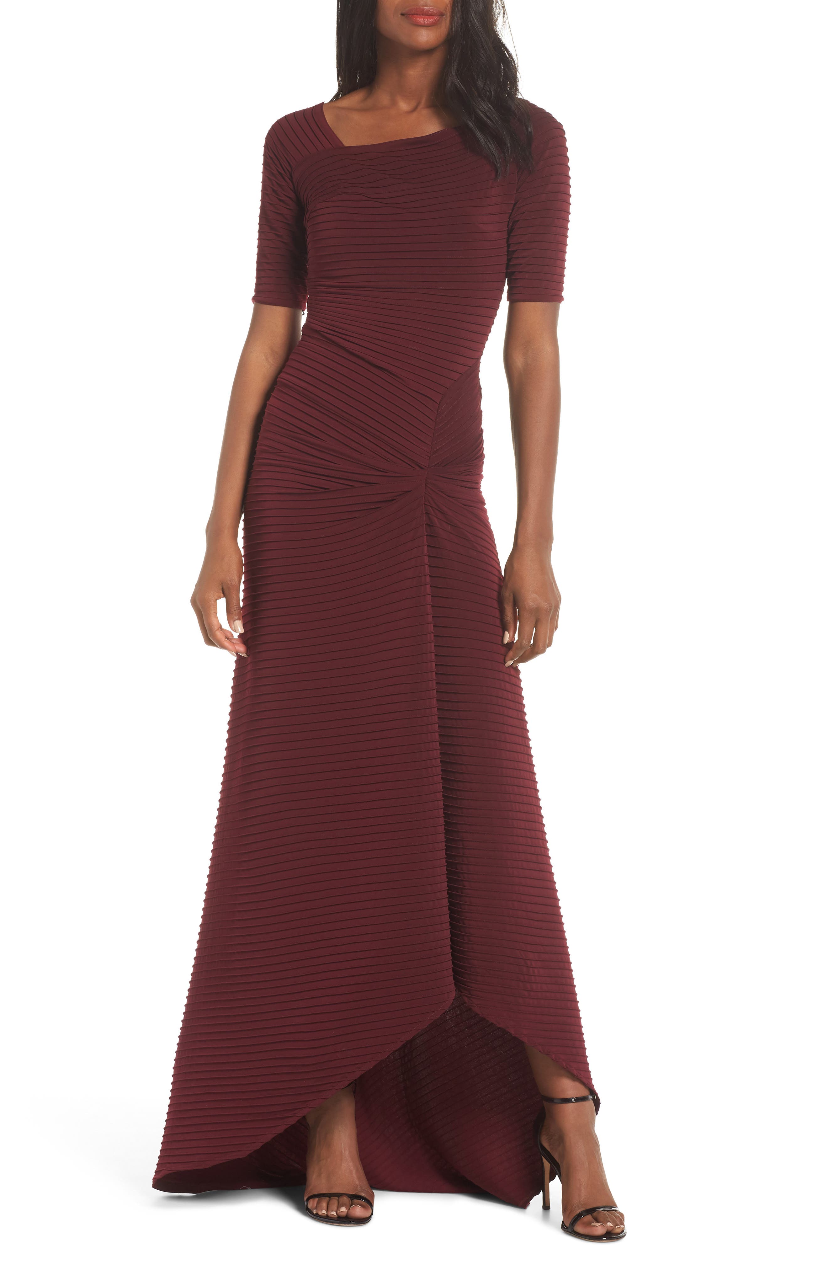 Tadashi Shoji Pintuck Pleat Jersey Gown, Burgundy