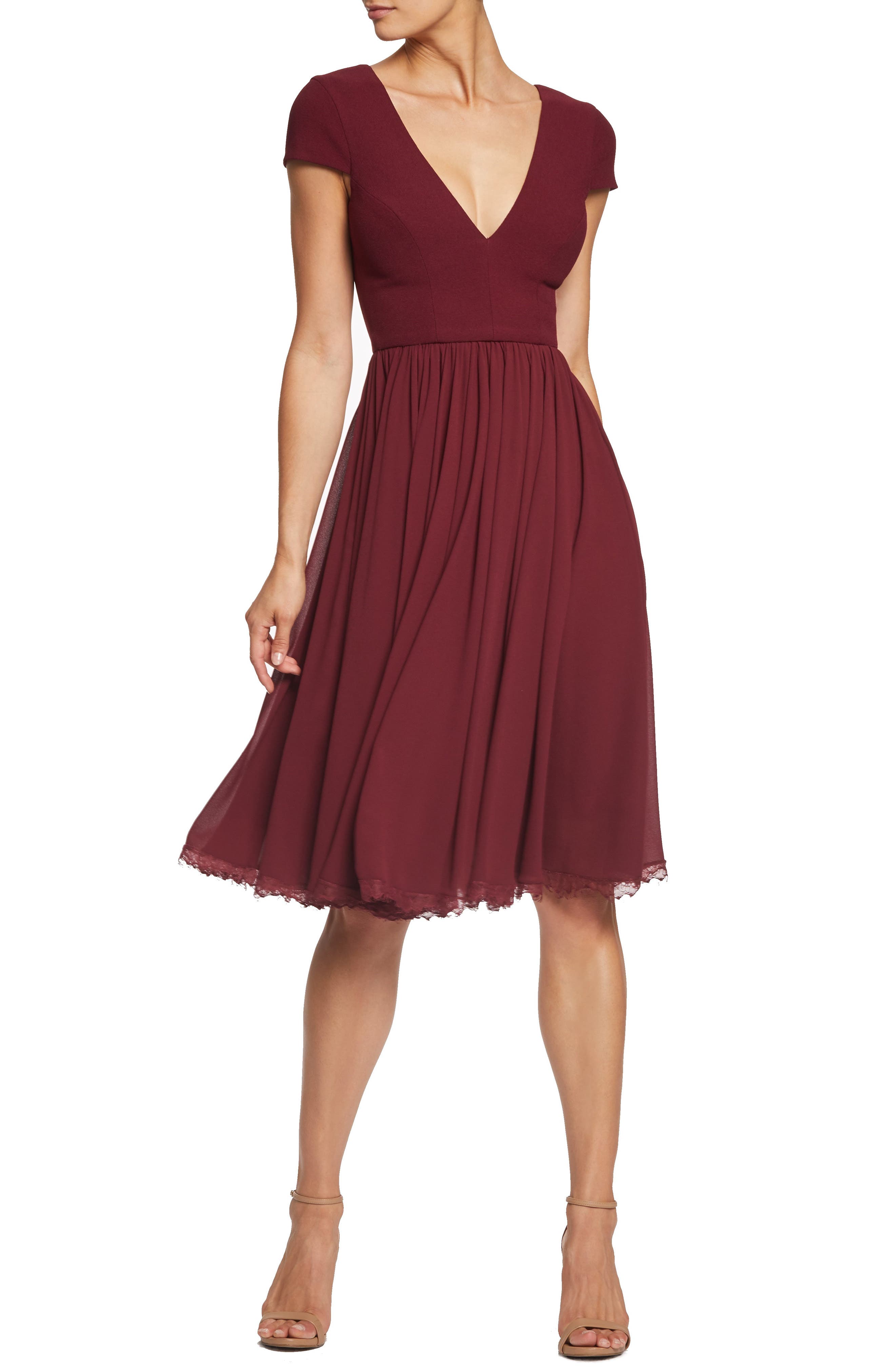Dress The Population Corey Chiffon Fit & Flare Dress, Burgundy