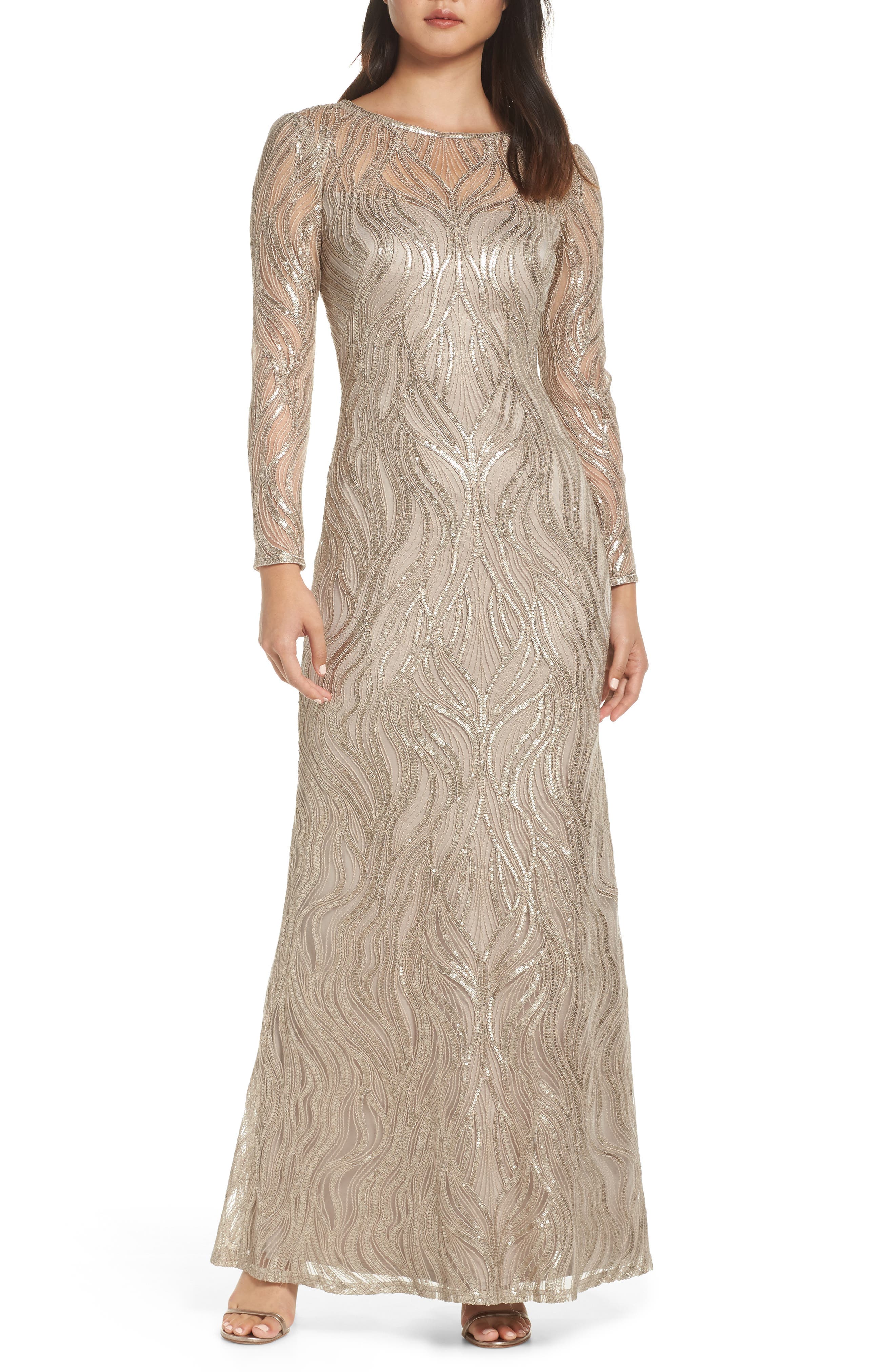 Tadashi Shoji Long Sleeve Sequined Mesh Evening Dress, Beige