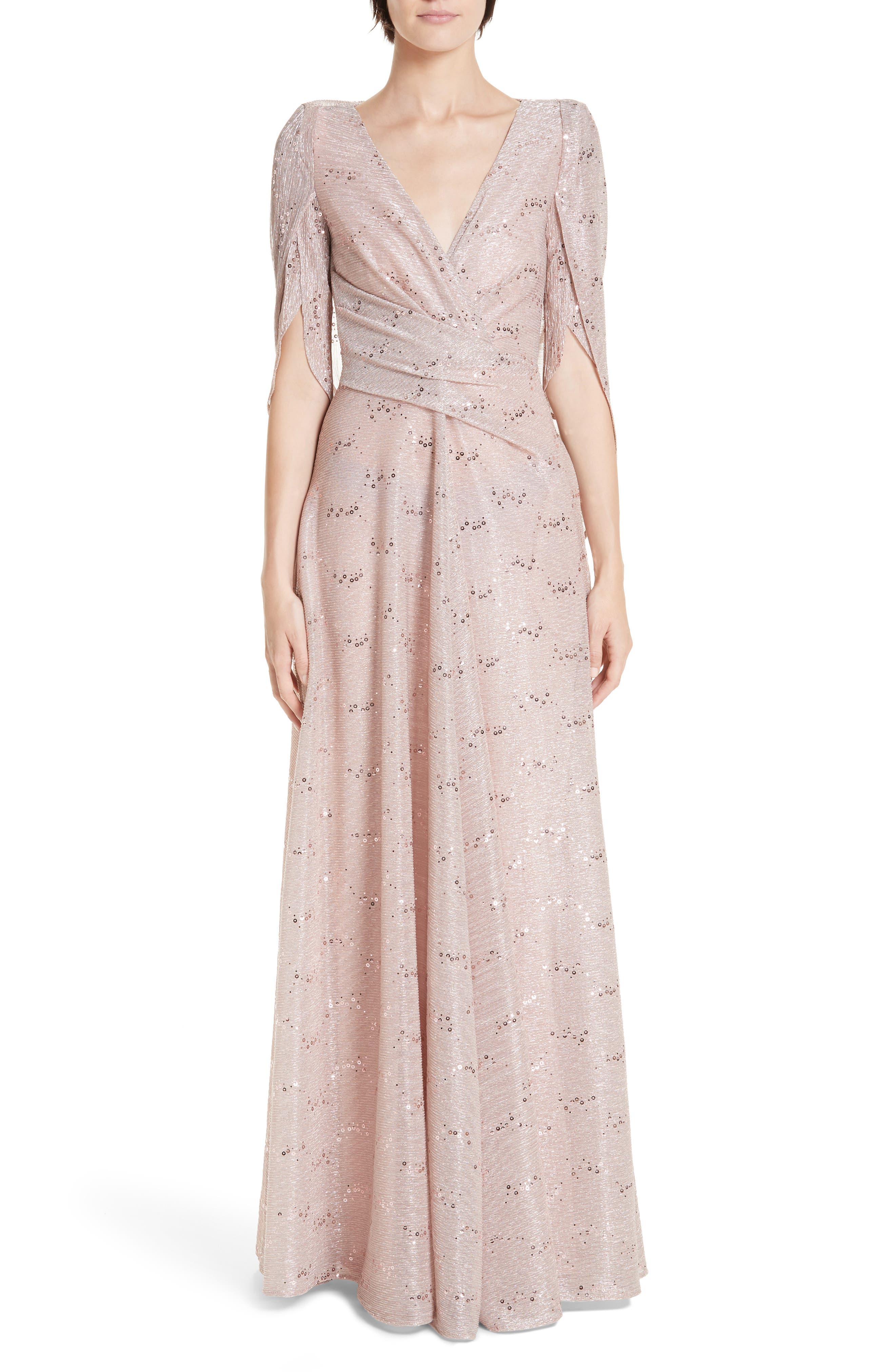 Talbot Runhof Sequin Metallic Voile Drape Back Gown, Pink
