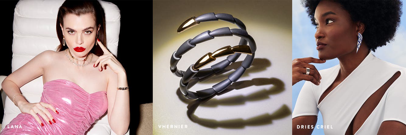 Woman wearing drop earrings, layered necklaces, bracelets and ring from Lana. Vhernier bangle made with matte black titanium and 18-karat gold cone-shaped links. Woman wearing sharp drop earrings and ring from Dries Criel.