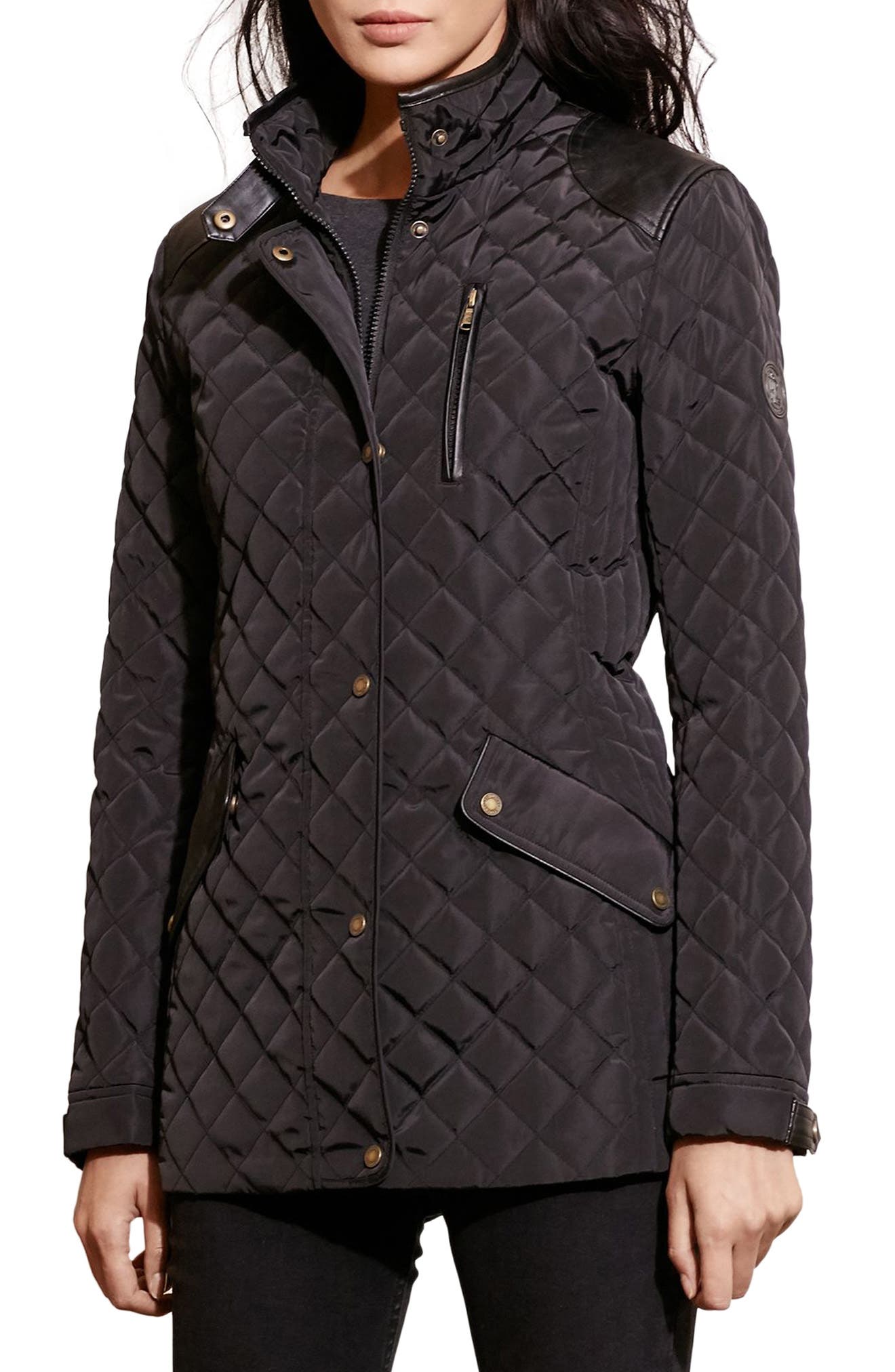 Lauren Ralph Lauren Faux Leather Trim Quilted Coat