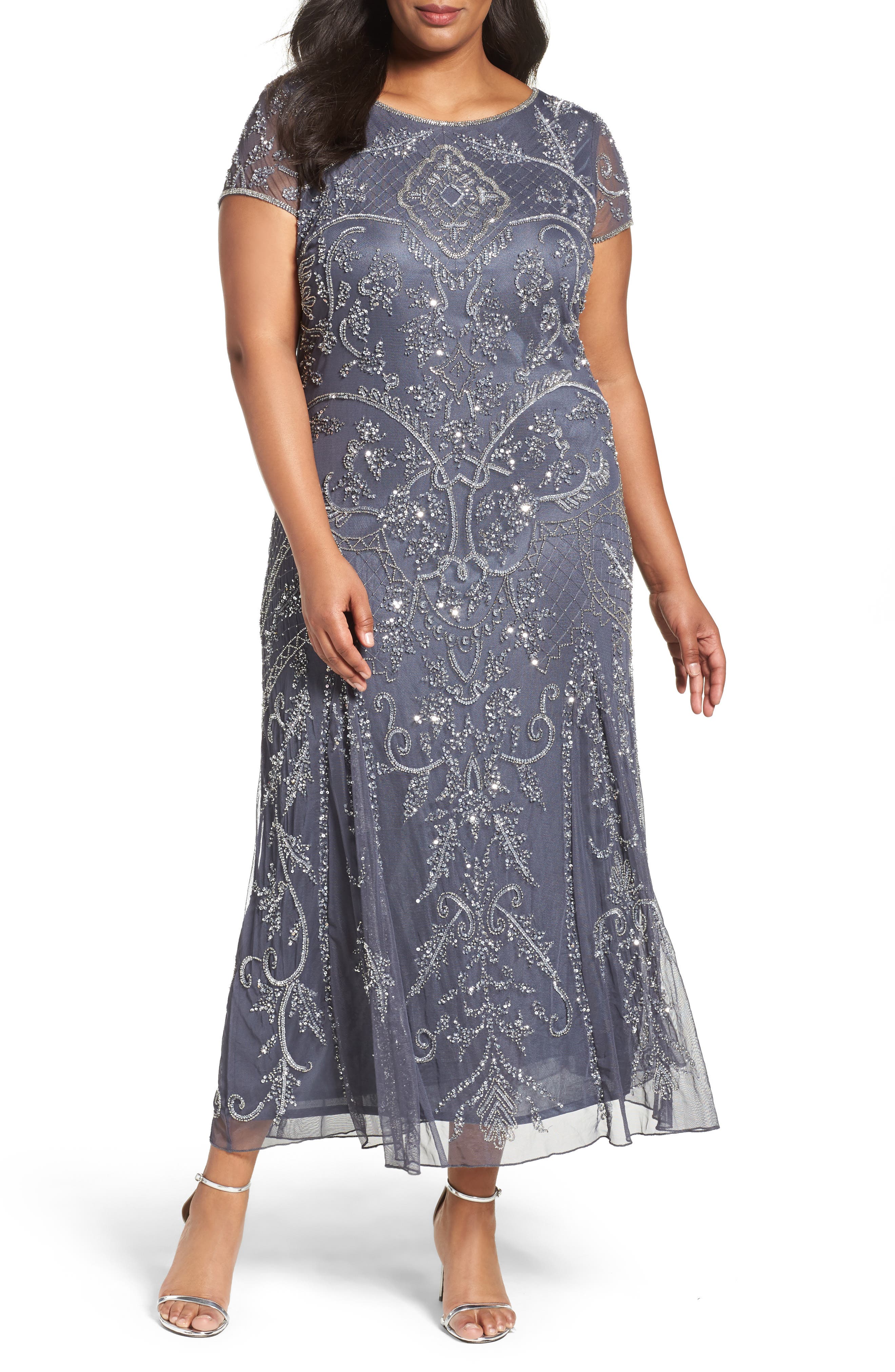 Plus Size Pisarro Nights Beaded Short Sleeve Column Gown