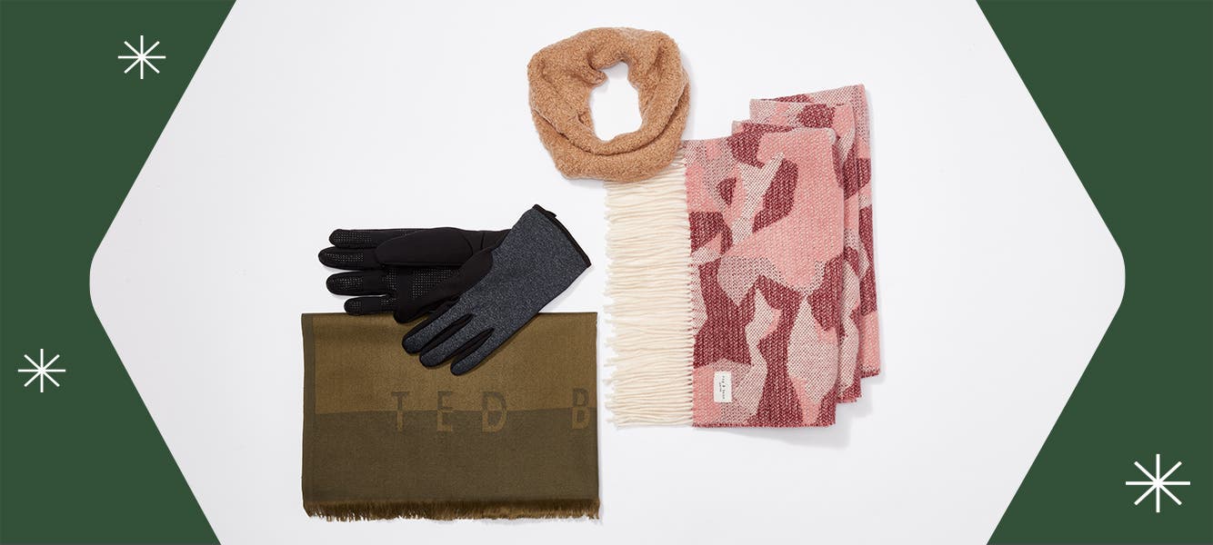 An assortment of scarves and gloves.